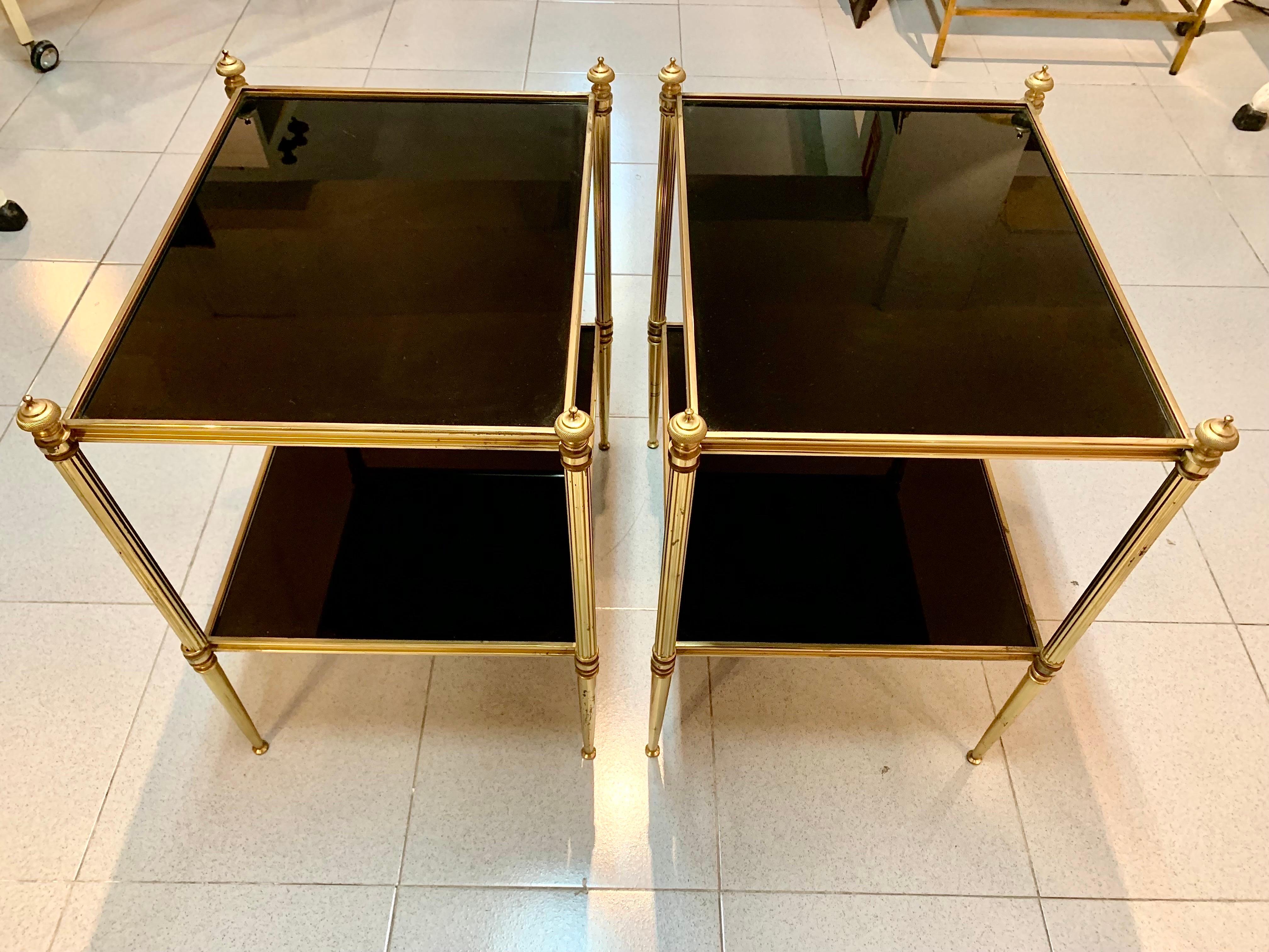 Pair of Mid-Century Modern Jansen Style Brass and Black Glass Top Side Tables For Sale 13