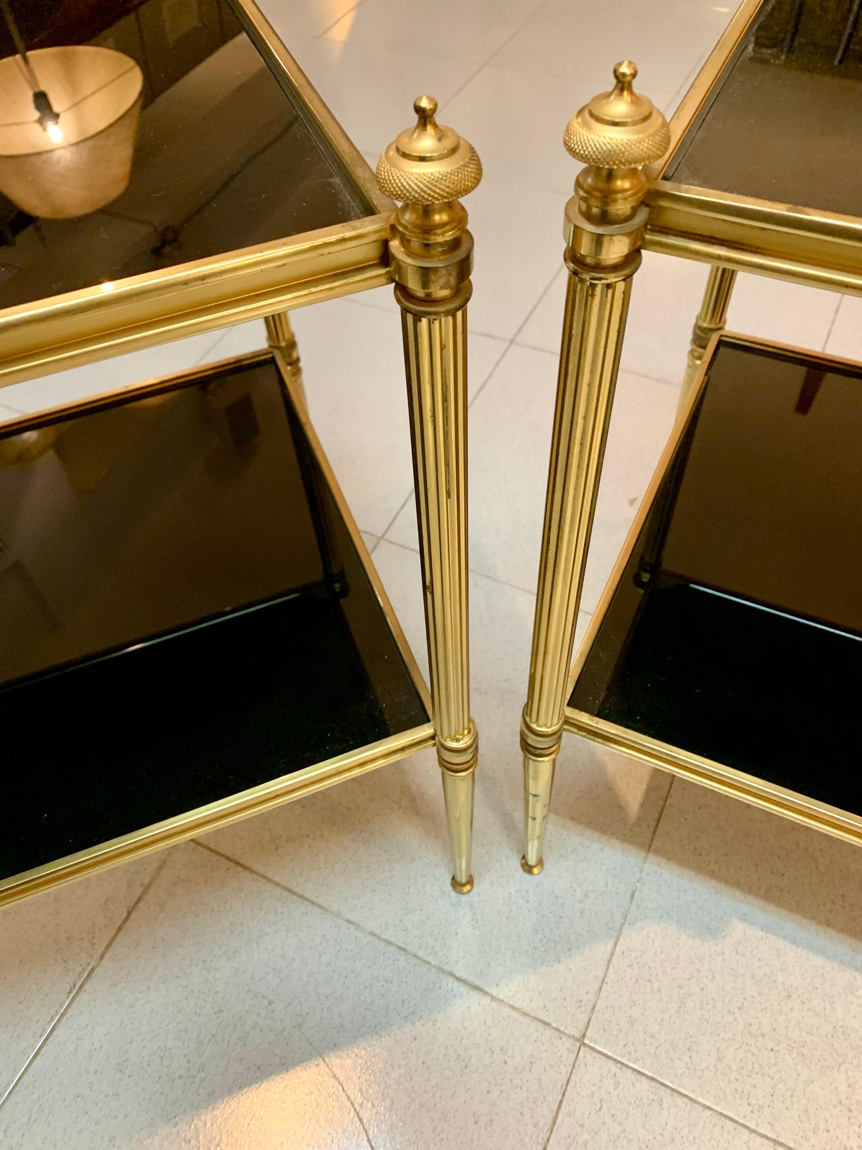 20th Century Pair of Mid-Century Modern Jansen Style Brass and Black Glass Top Side Tables For Sale