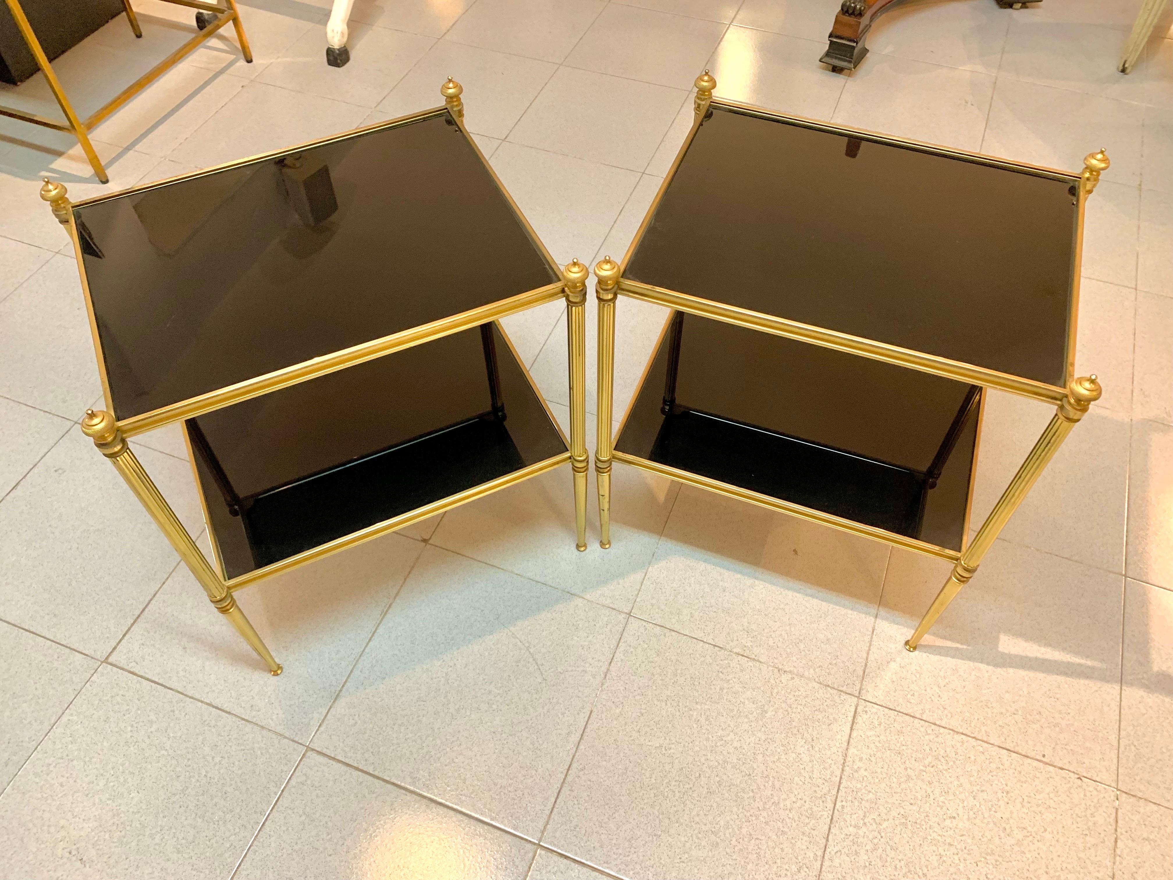 Pair of Mid-Century Modern Jansen Style Brass and Black Glass Top Side Tables For Sale 1