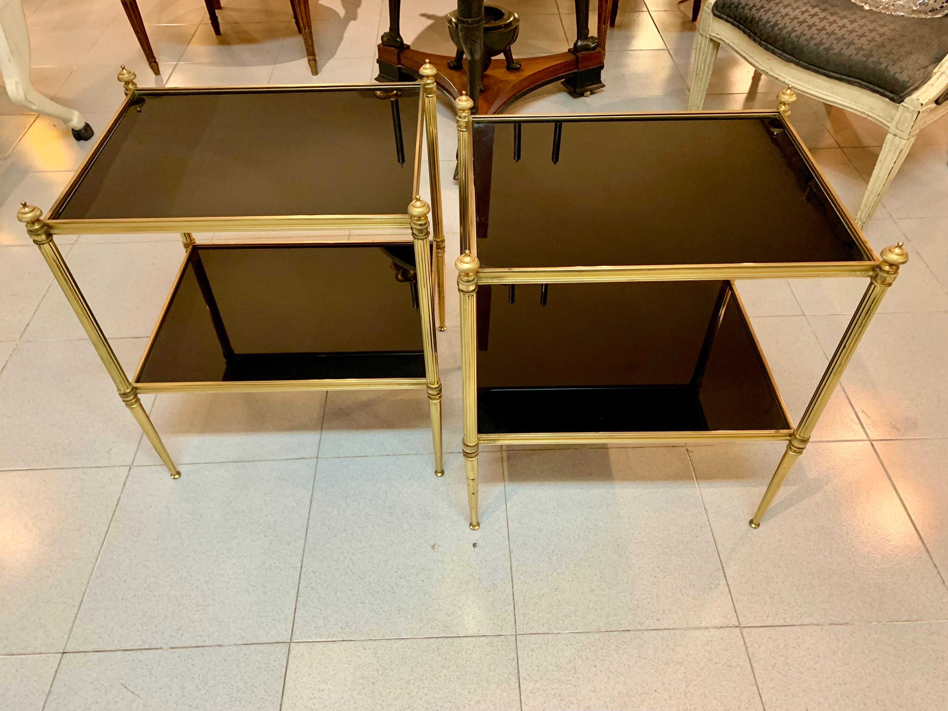 Pair of Mid-Century Modern Jansen Style Brass and Black Glass Top Side Tables For Sale 2