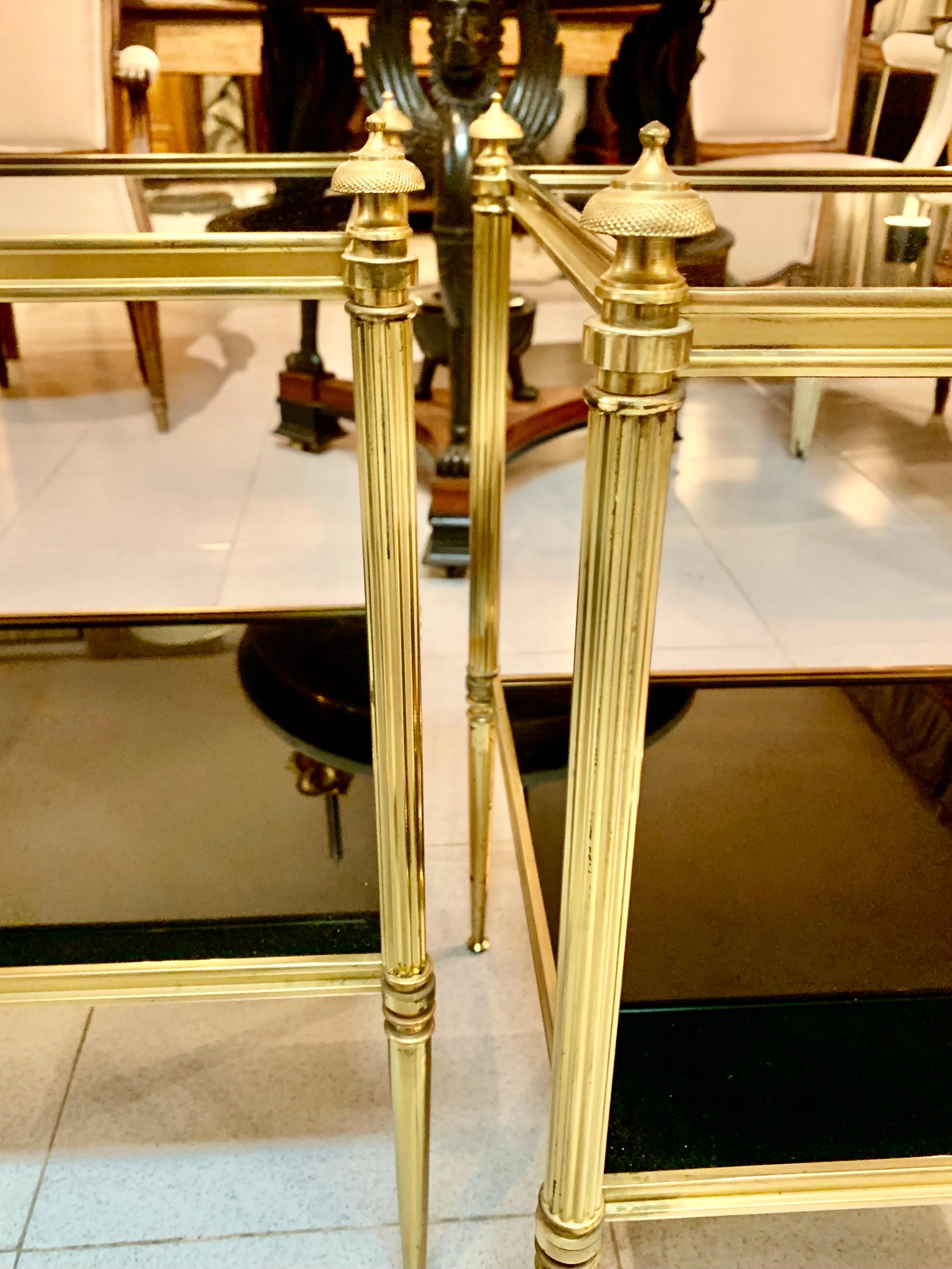 Pair of Mid-Century Modern Jansen Style Brass and Black Glass Top Side Tables For Sale 3