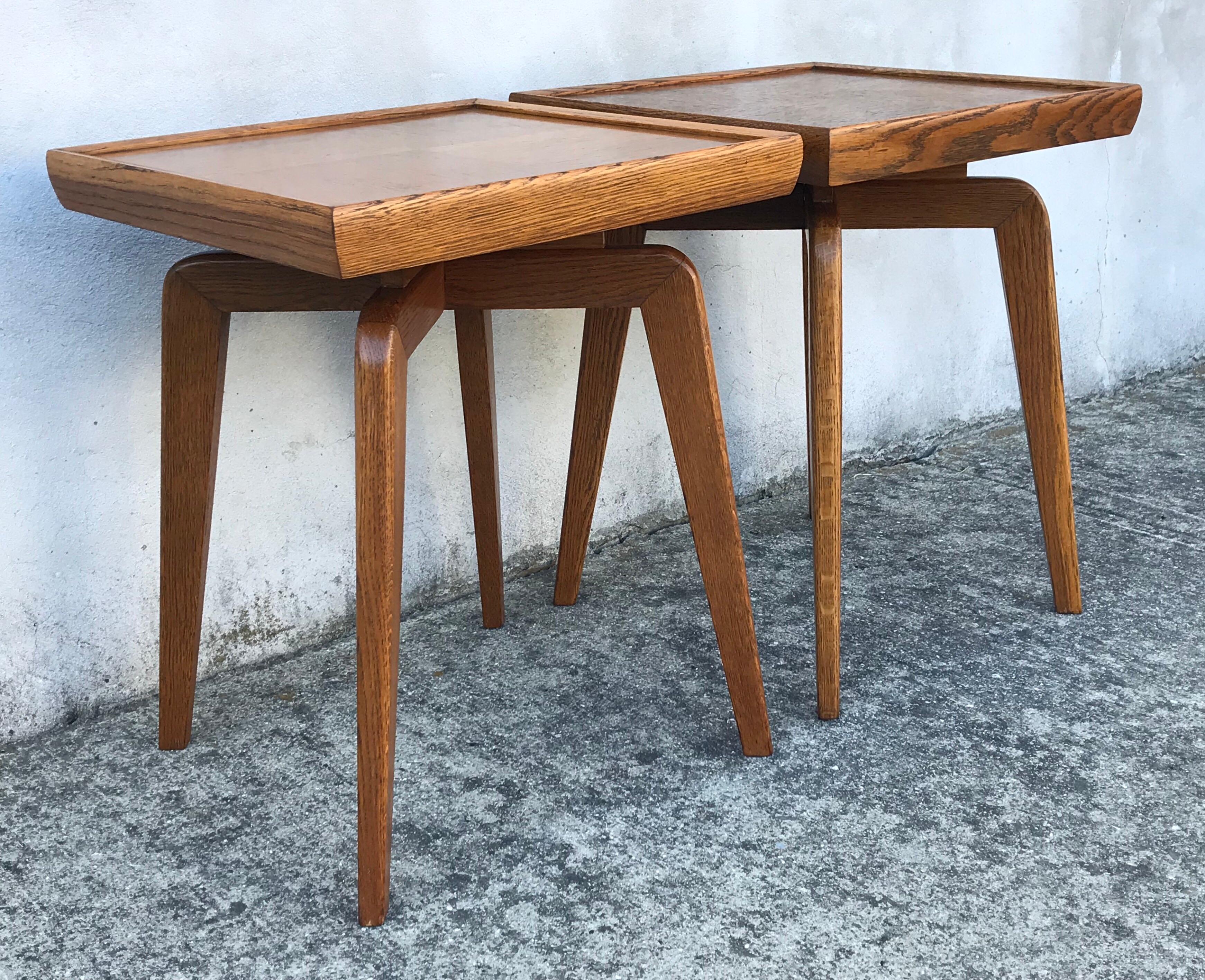 Beautiful pair of red oak side tables, French, late 1940s, professionally restored.