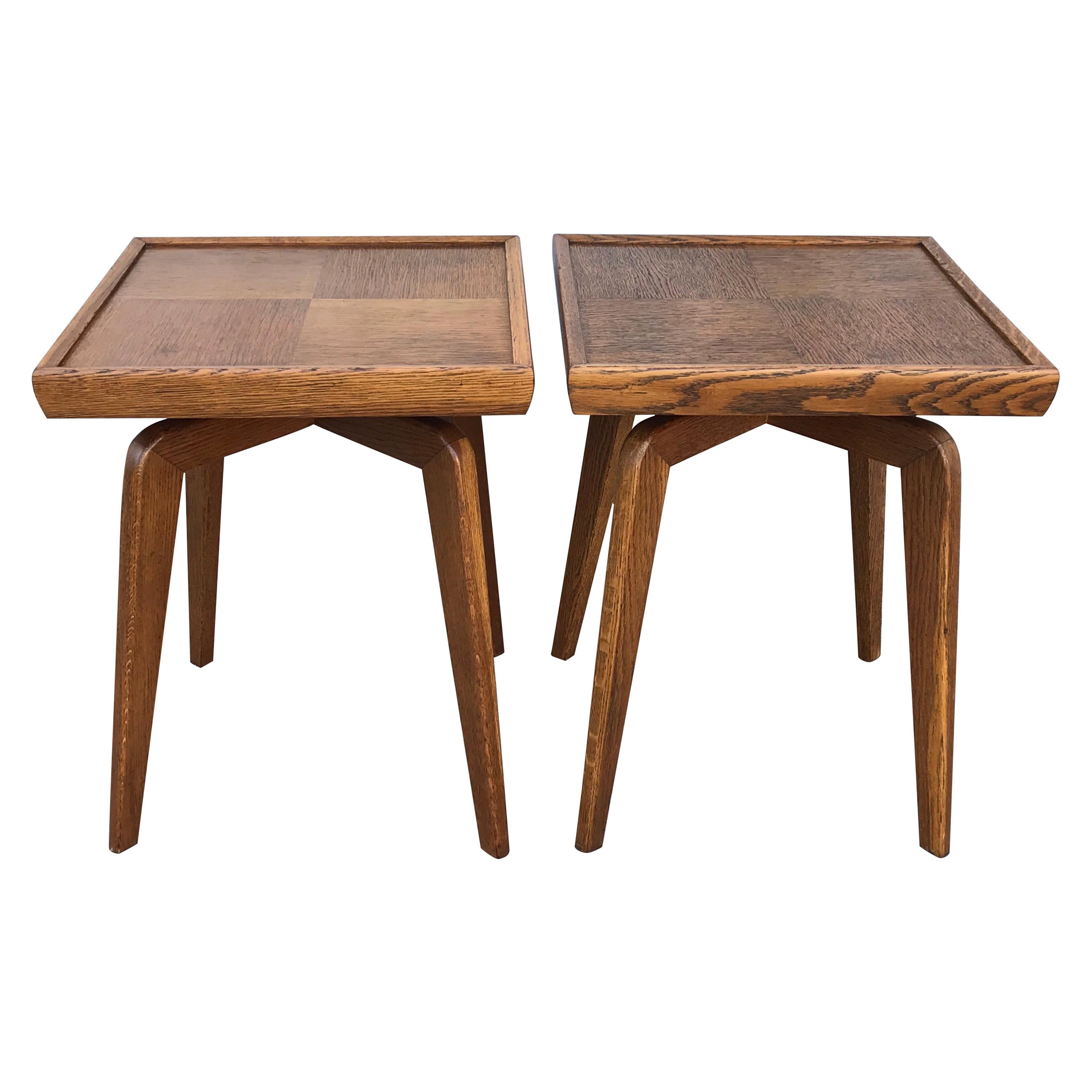 Pair of Mid-Century Modern French Red Oak Side Tables Attributed to Jean Prouve