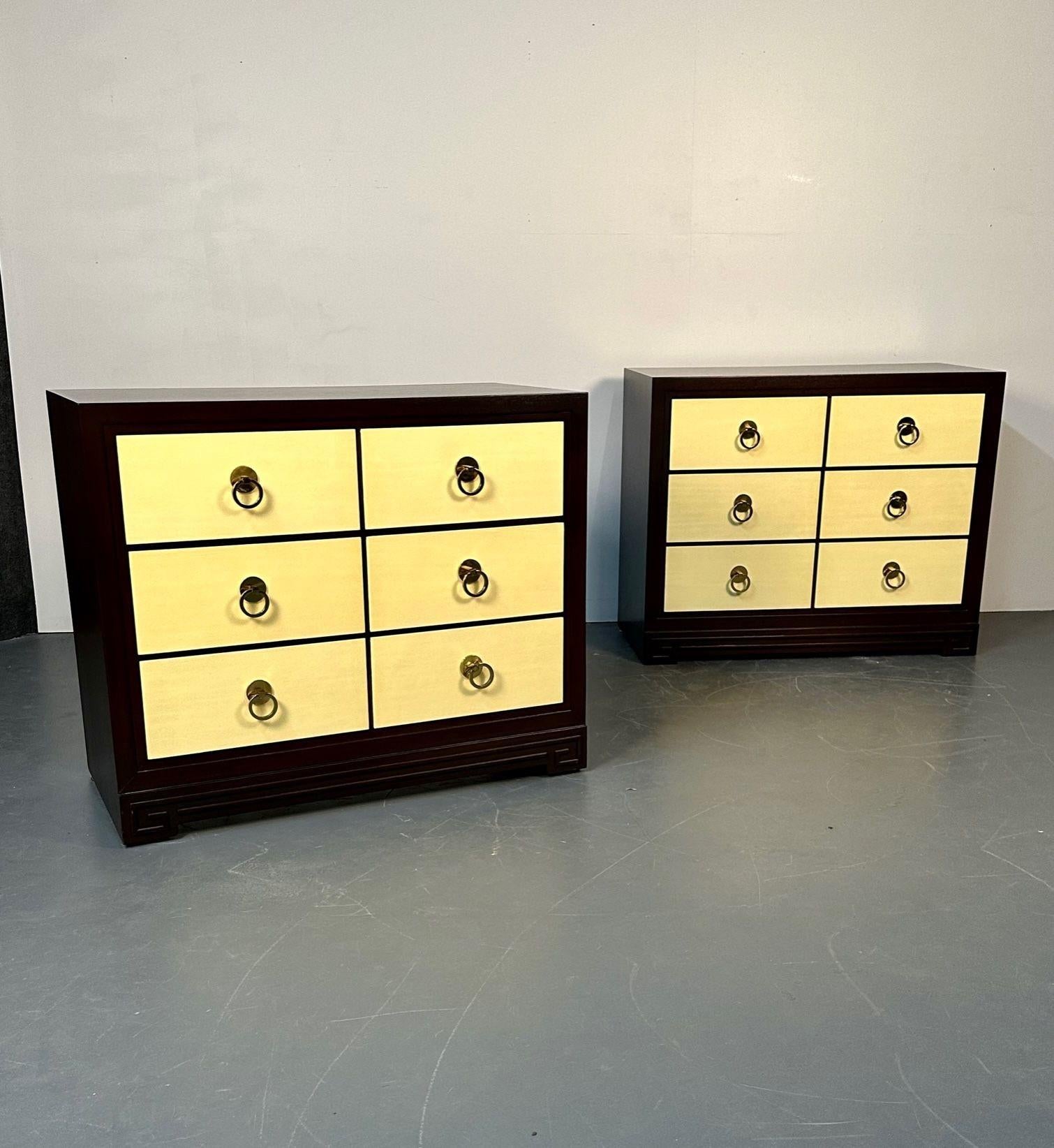 American Pair of Mid-Century Modern John Stuart Parchment Nightstands / Dressers / Chests For Sale