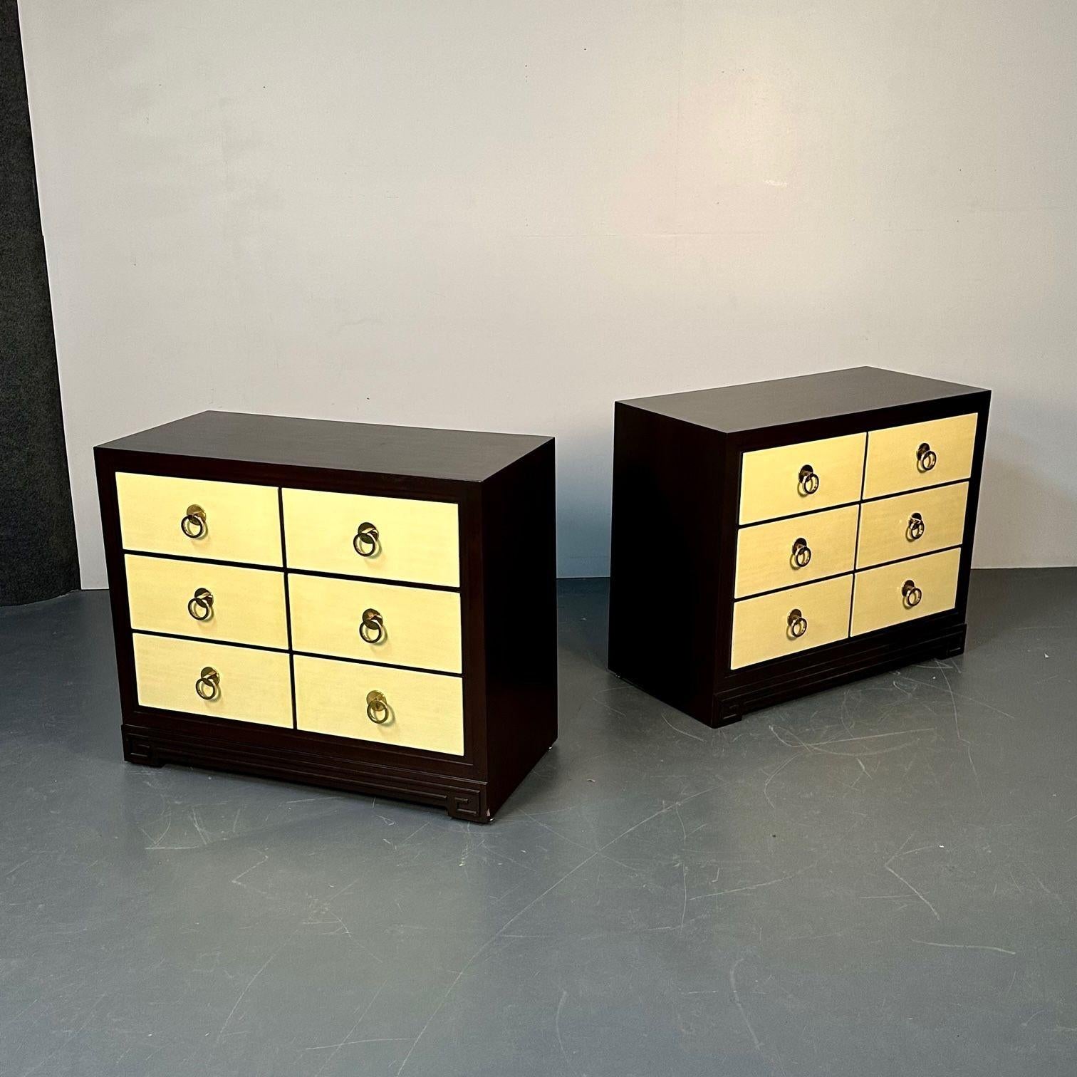 Pair of Mid-Century Modern John Stuart Parchment Nightstands / Dressers / Chests In Good Condition For Sale In Stamford, CT