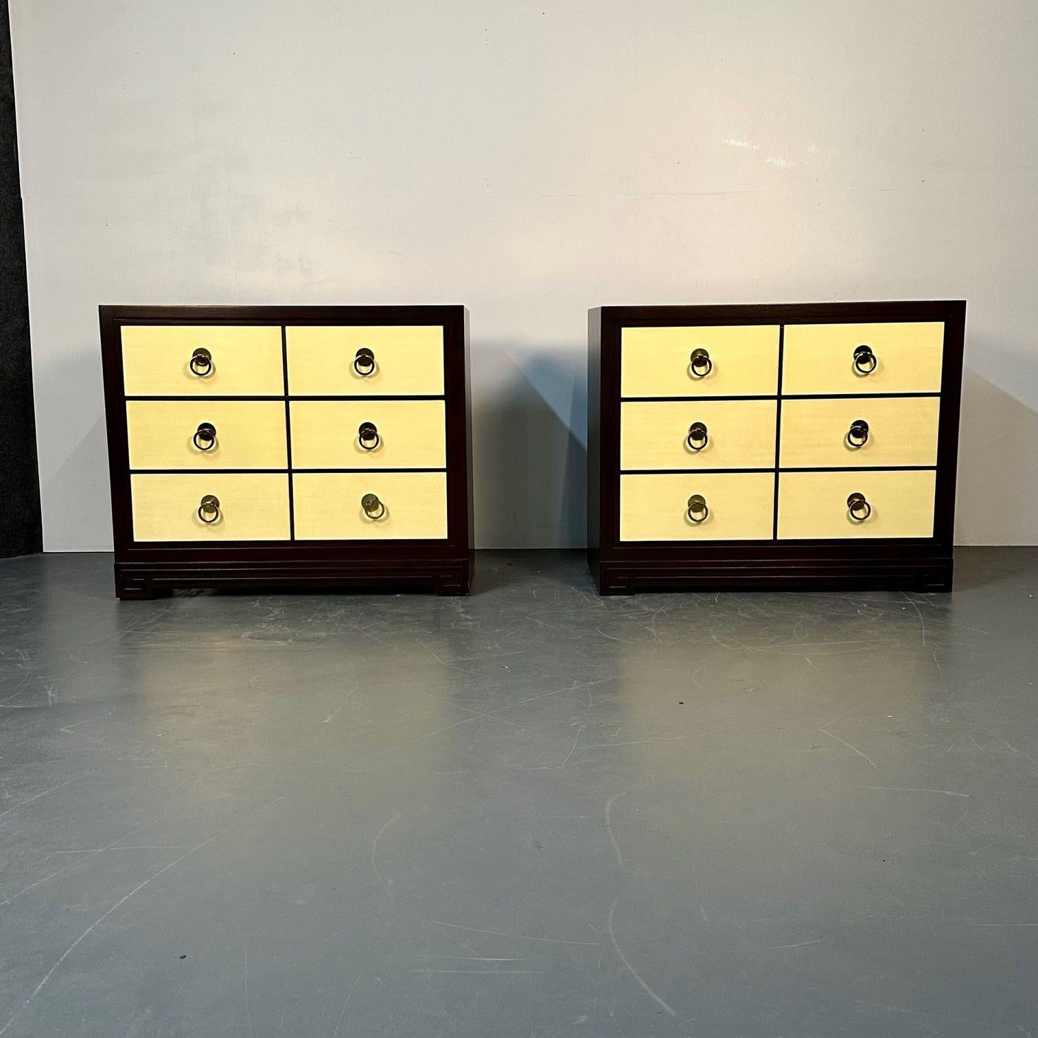 Brass Pair of Mid-Century Modern John Stuart Parchment Nightstands / Dressers / Chests For Sale