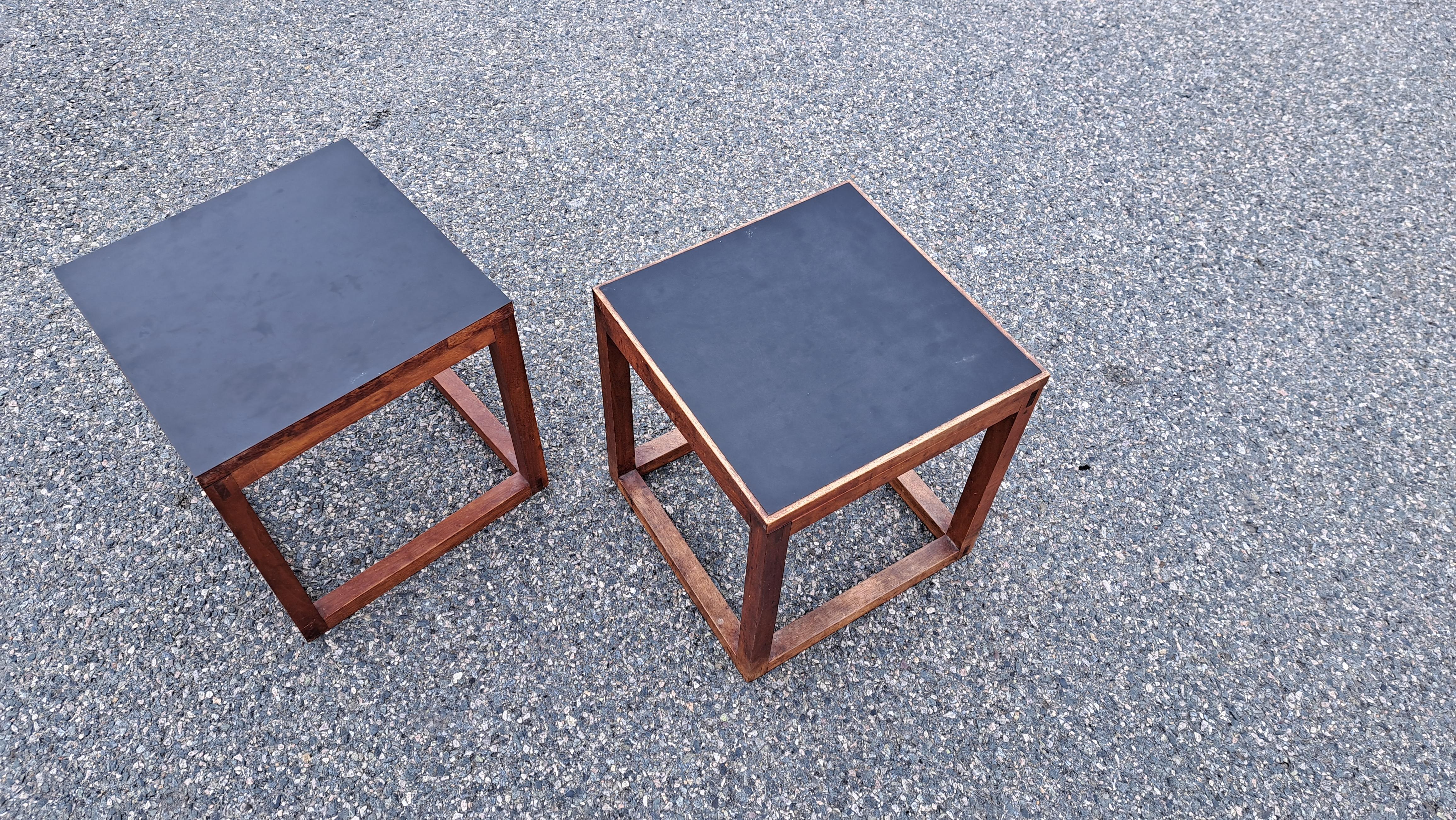 Pair of Kai Kristiansen style wooden cube side tables with black formica tops. Sturdy hand crafted tables with strong wood joints.