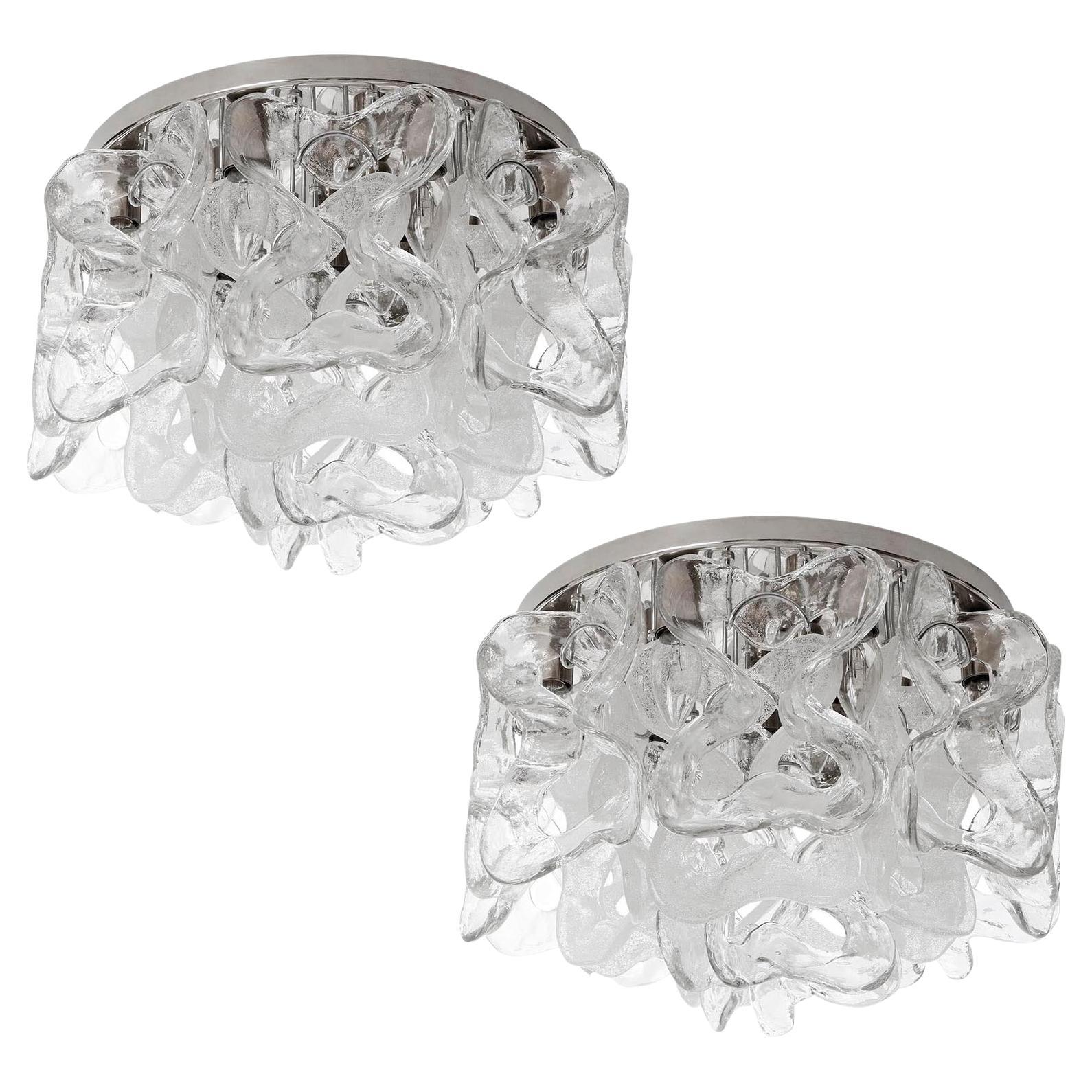 Paar moderne Kalmar Flush Mount Lights aus verchromtem Murano-Glas aus der Mitte des Jahrhunderts, 1970er Jahre