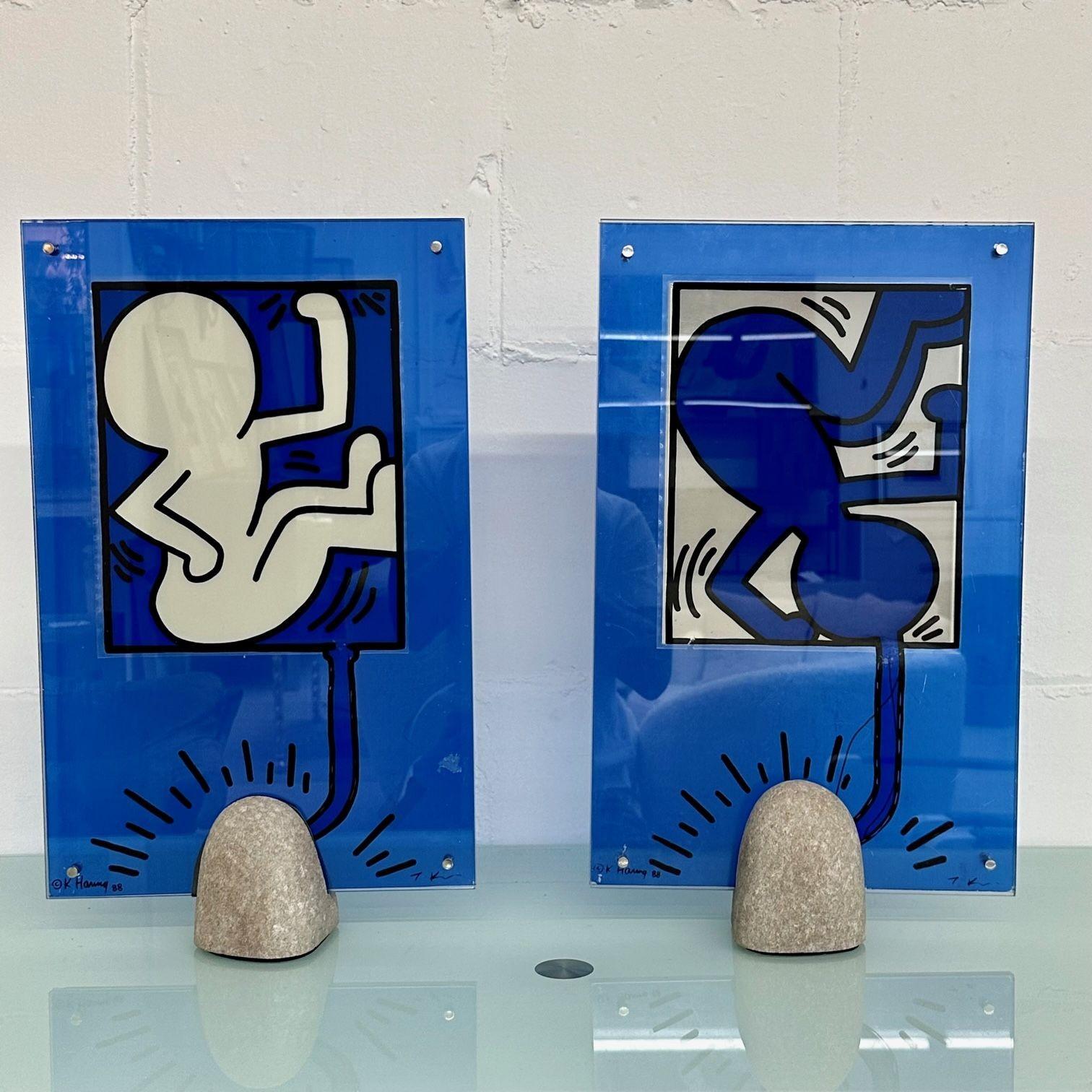 Pair of Mid-Century Modern Keith Haring Signed Lamps / Sculpture, Toshiyuki Kita
Limited edition Keith Haring and Toshiyuki Kita lamp. Comprised of reverse screen printed glass and stone. Signed and dated on the lower left hand corner.
Screen