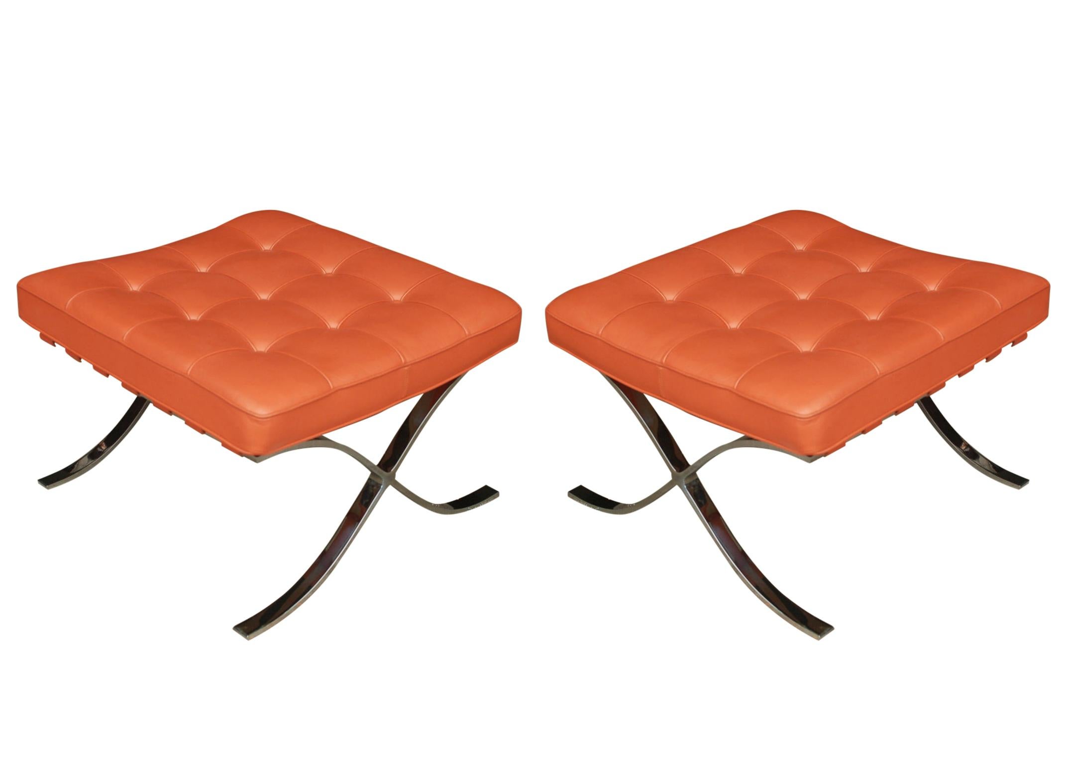 American Pair of Mid-Century Modern Knoll Barcelona Cognac Leather Bench Set or Ottomans