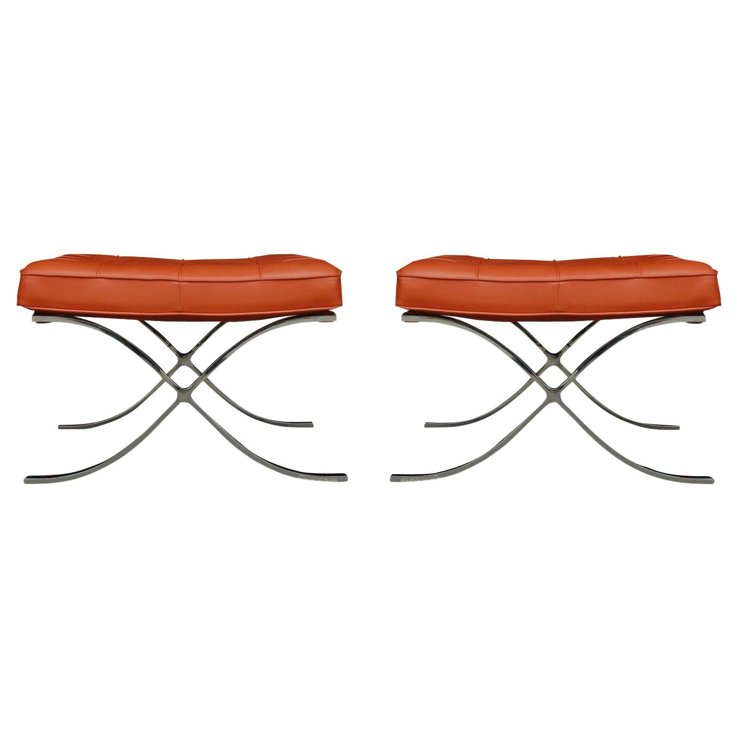 Pair of Mid-Century Modern Knoll Barcelona Cognac Leather Bench Set or Ottomans