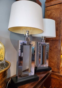 Pair of Mid-Century Modern Chrome Lamps with Black Bases