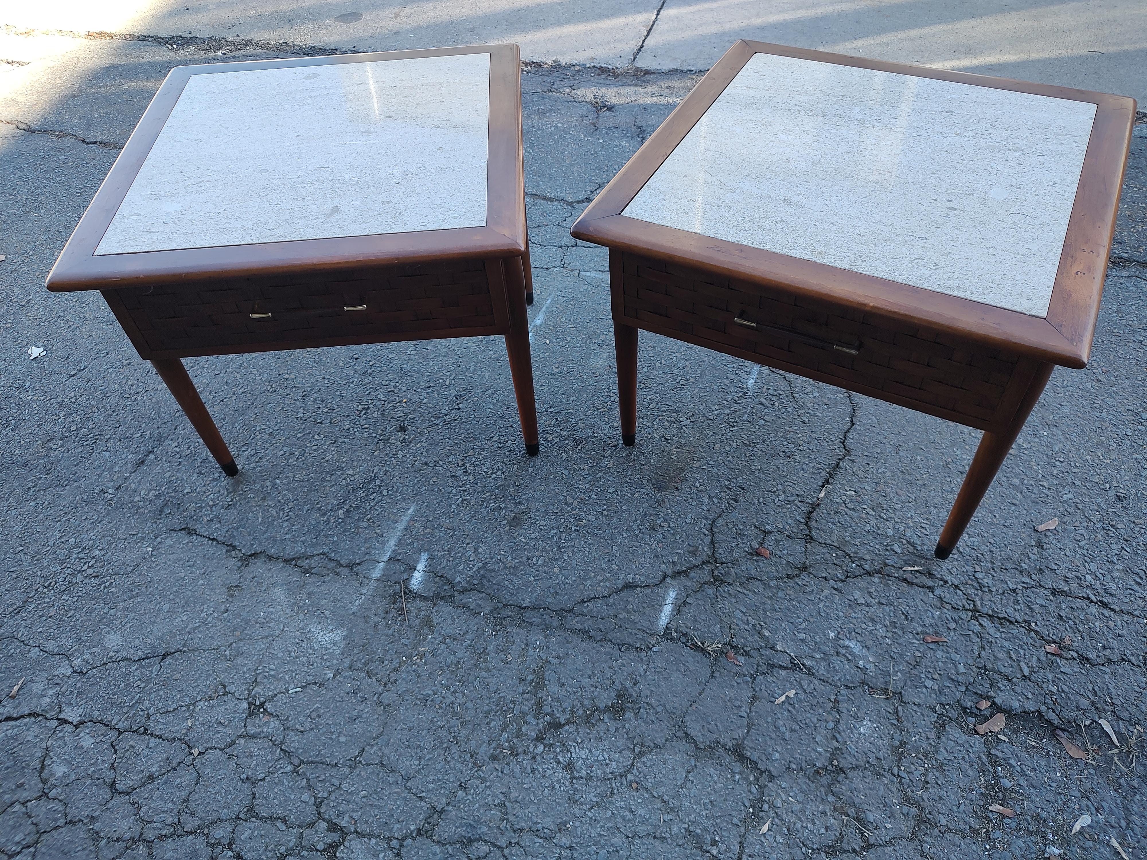Pair of Mid Century Modern Lane Perception End Tables with Travertine Tops C1960 For Sale 4
