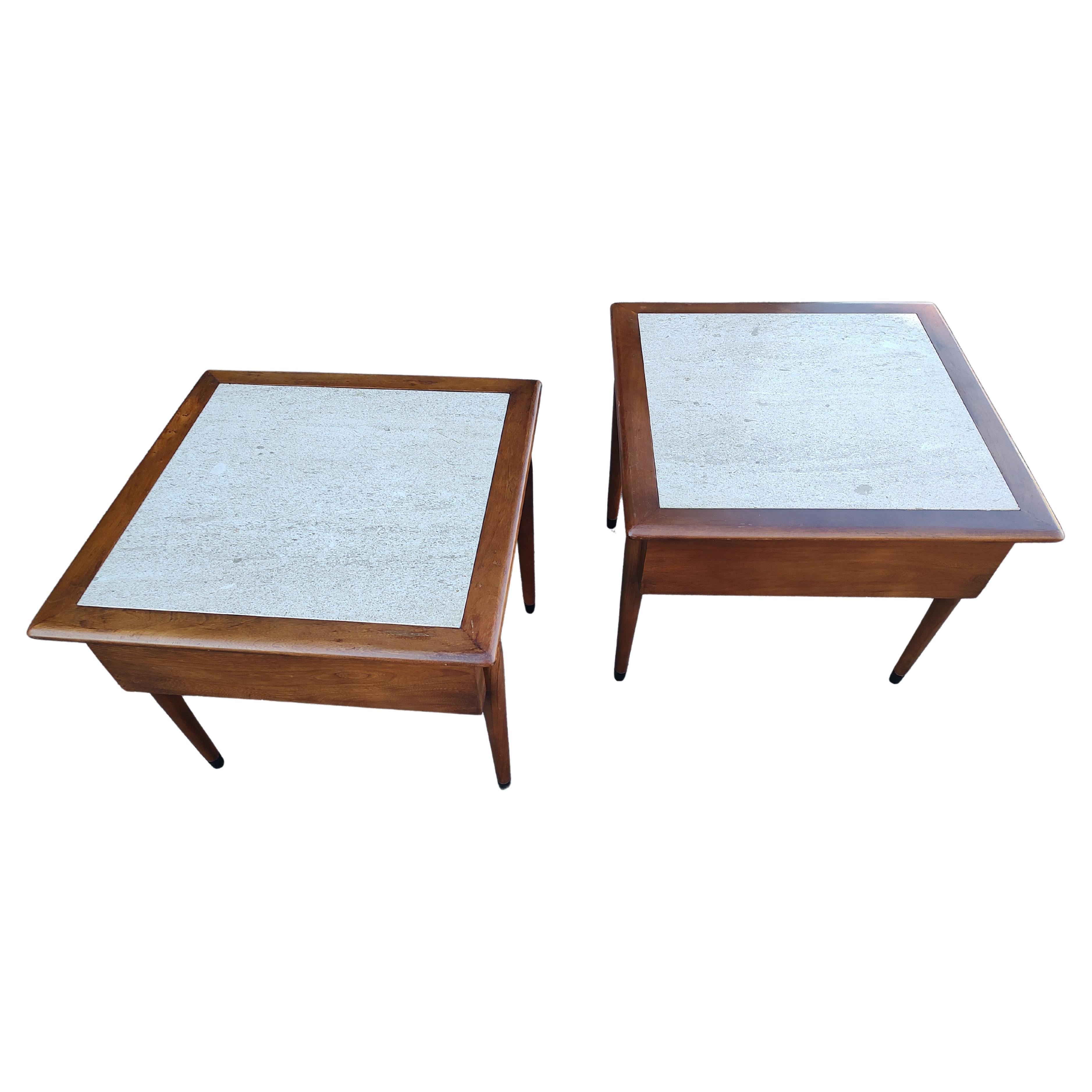 Pair of Mid Century Modern Lane Perception End Tables with Travertine Tops C1960 In Good Condition For Sale In Port Jervis, NY