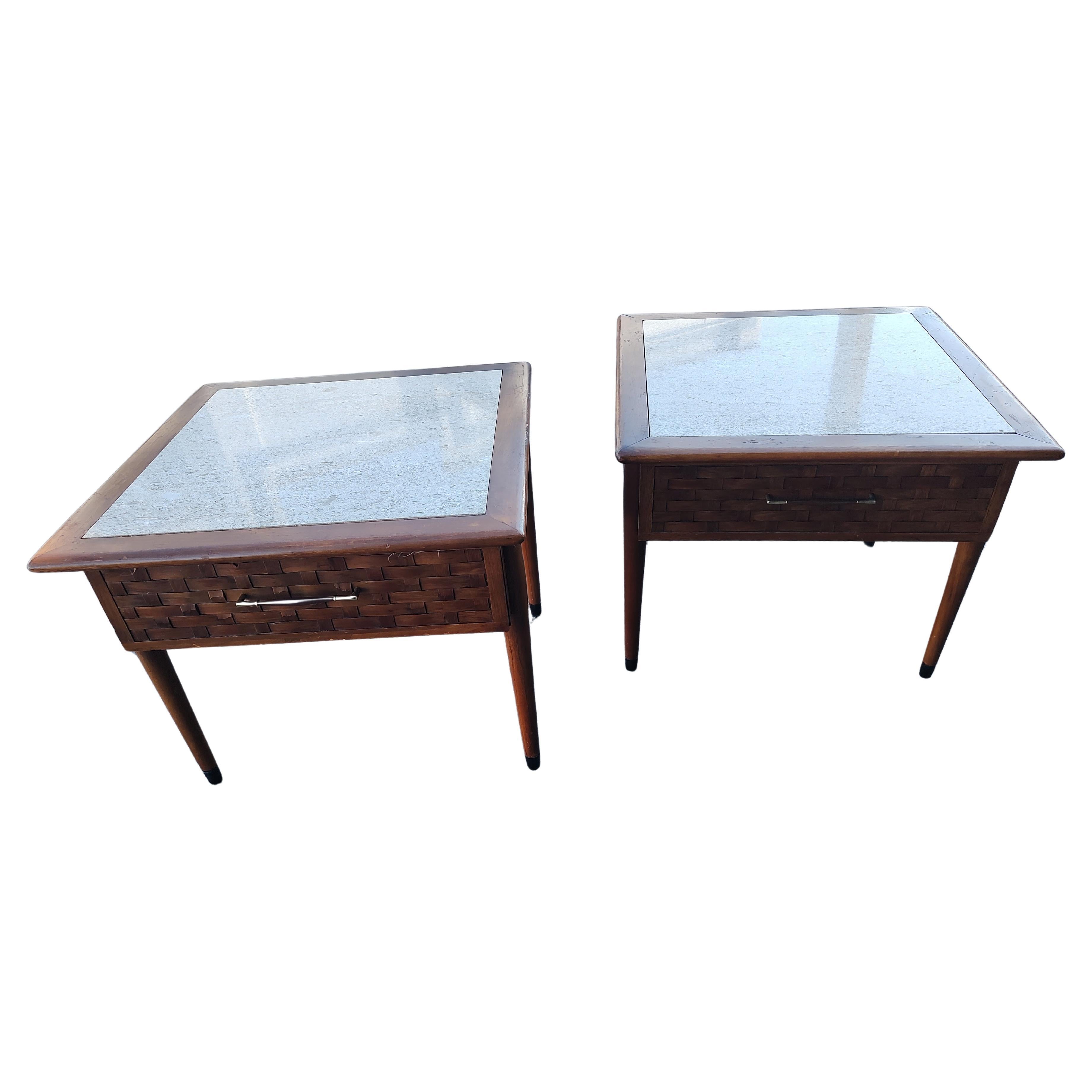 Brass Pair of Mid Century Modern Lane Perception End Tables with Travertine Tops C1960 For Sale