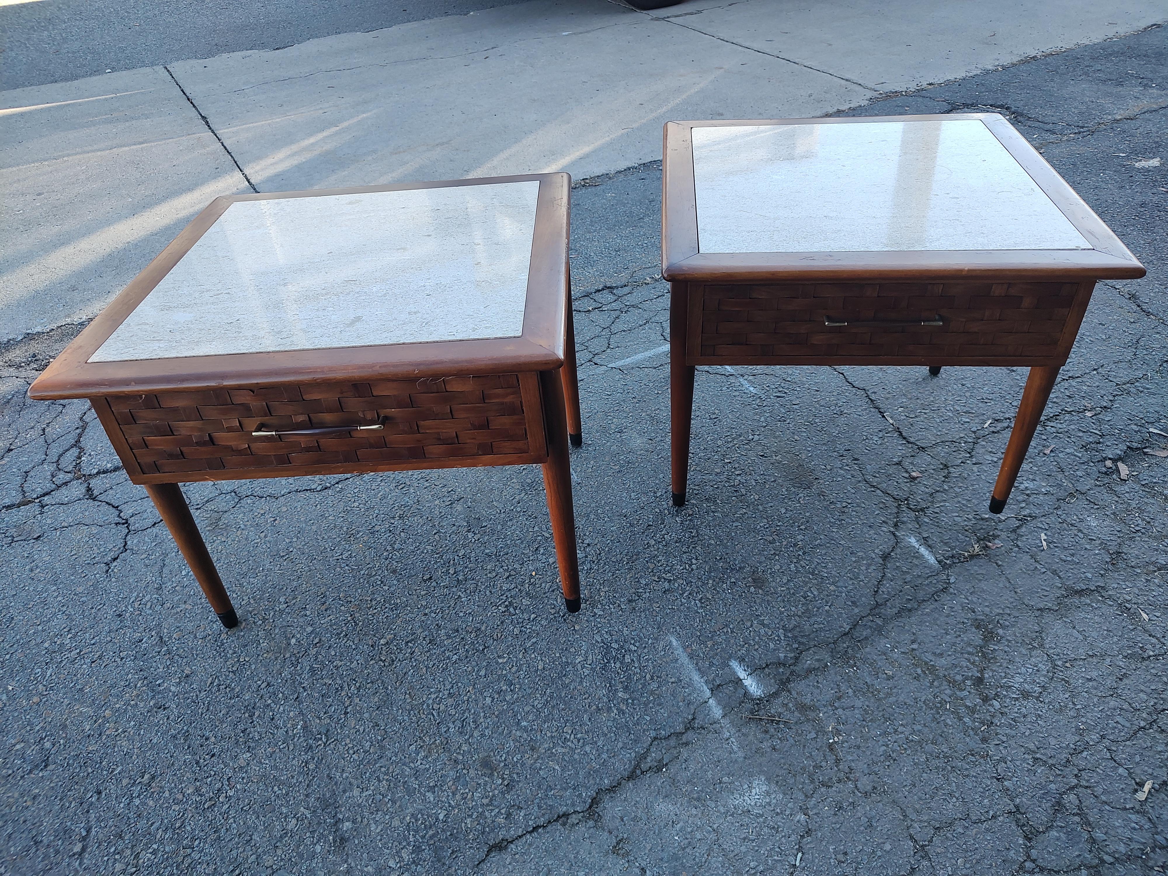 Pair of Mid Century Modern Lane Perception End Tables with Travertine Tops C1960 For Sale 1