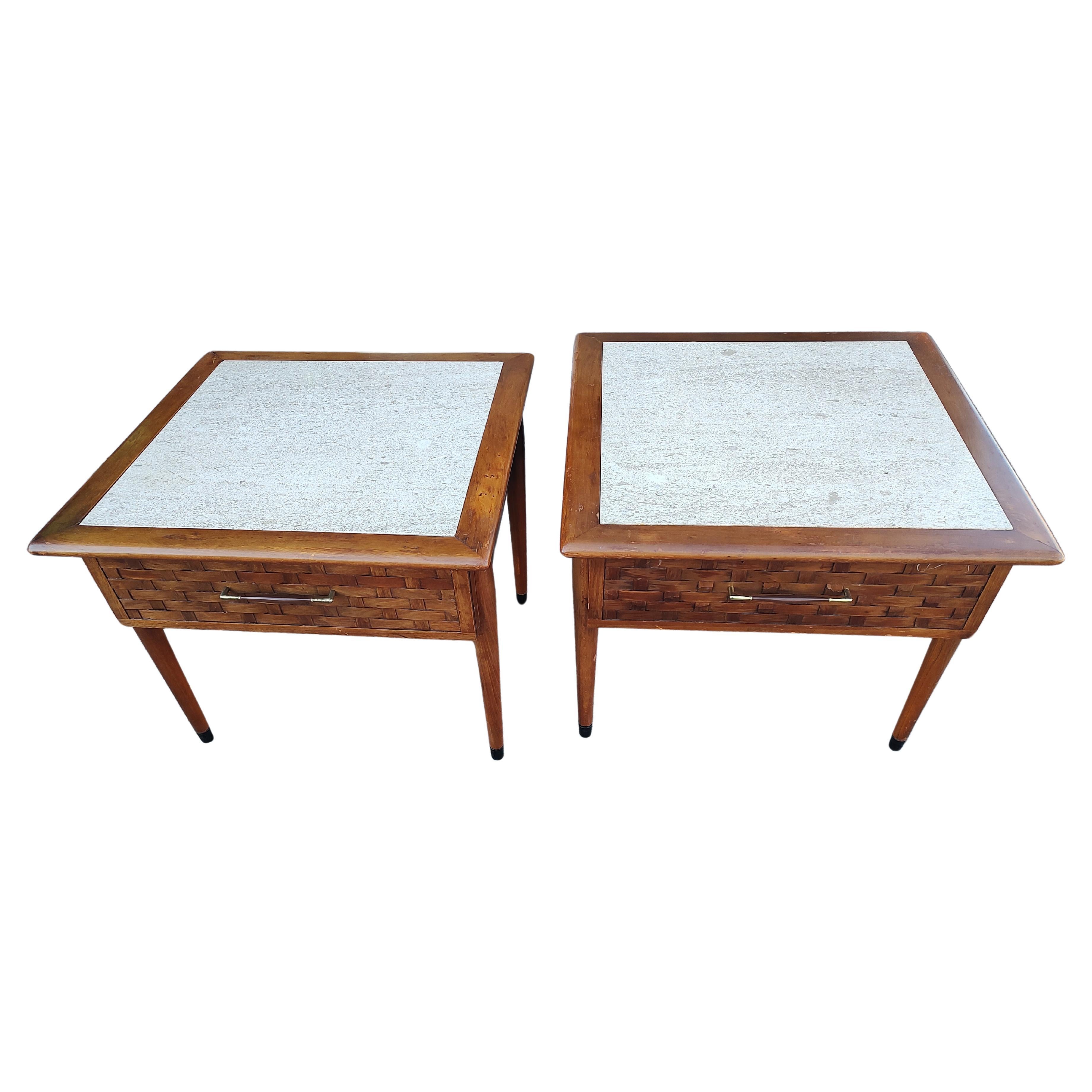 Pair of Mid Century Modern Lane Perception End Tables with Travertine Tops C1960 For Sale