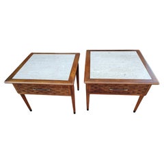 Pair of Mid Century Modern Lane Perception End Tables with Travertine Tops C1960