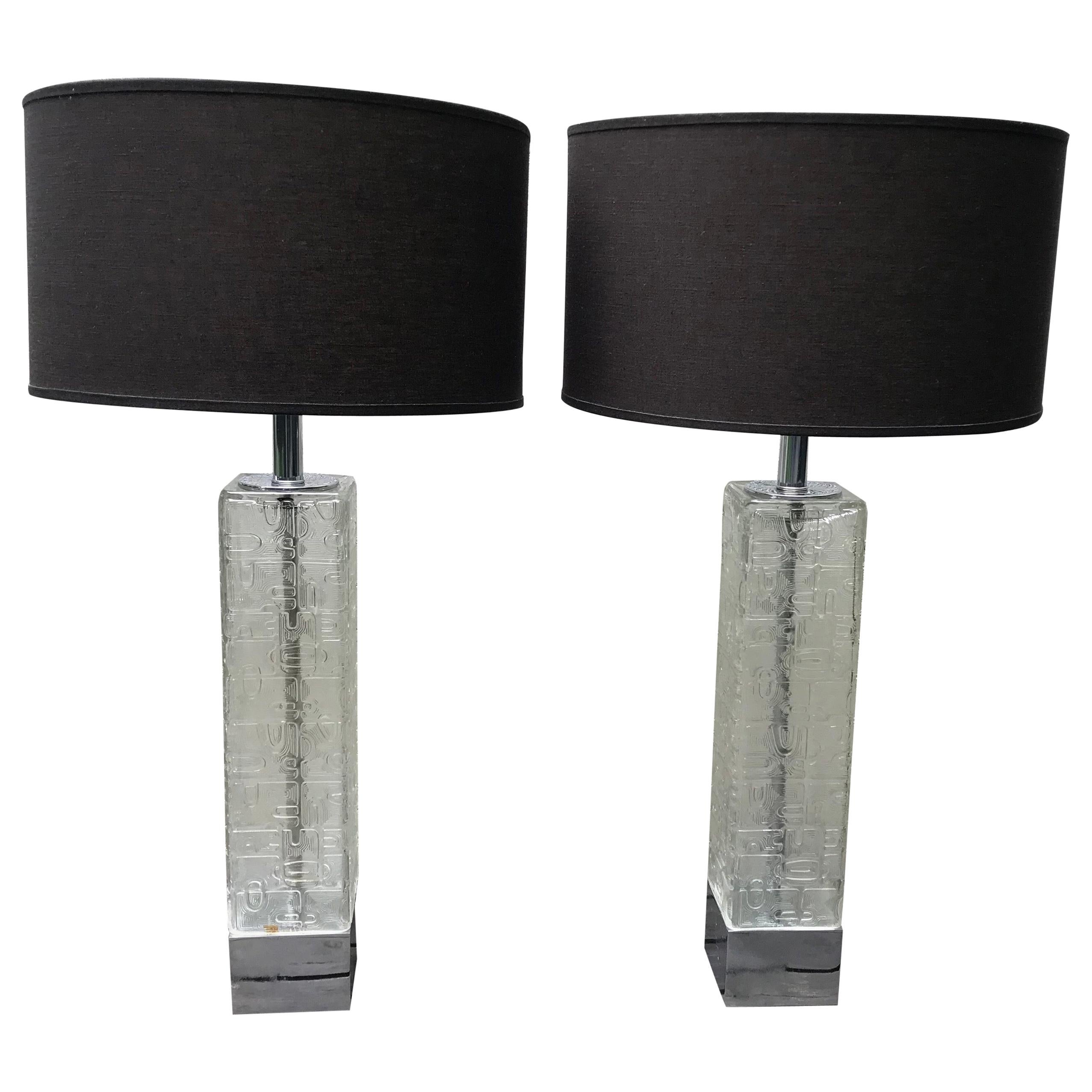 Pair of Mid-Century Modern Large Etched Clear Glass Table Lamps, 1960s