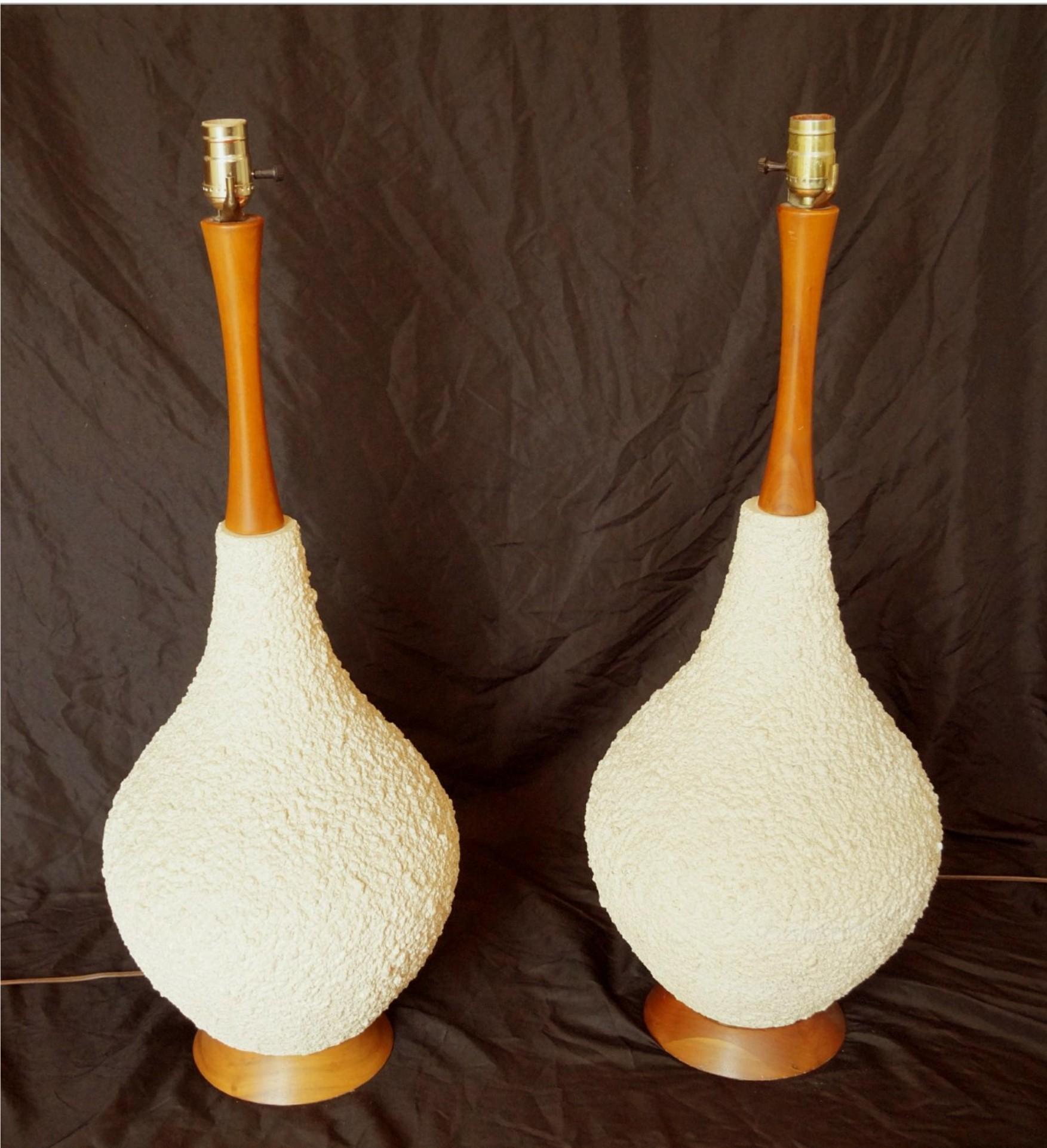 American Pair of Mid-Century Modern Large Popcorn Teak Table Lamps For Sale