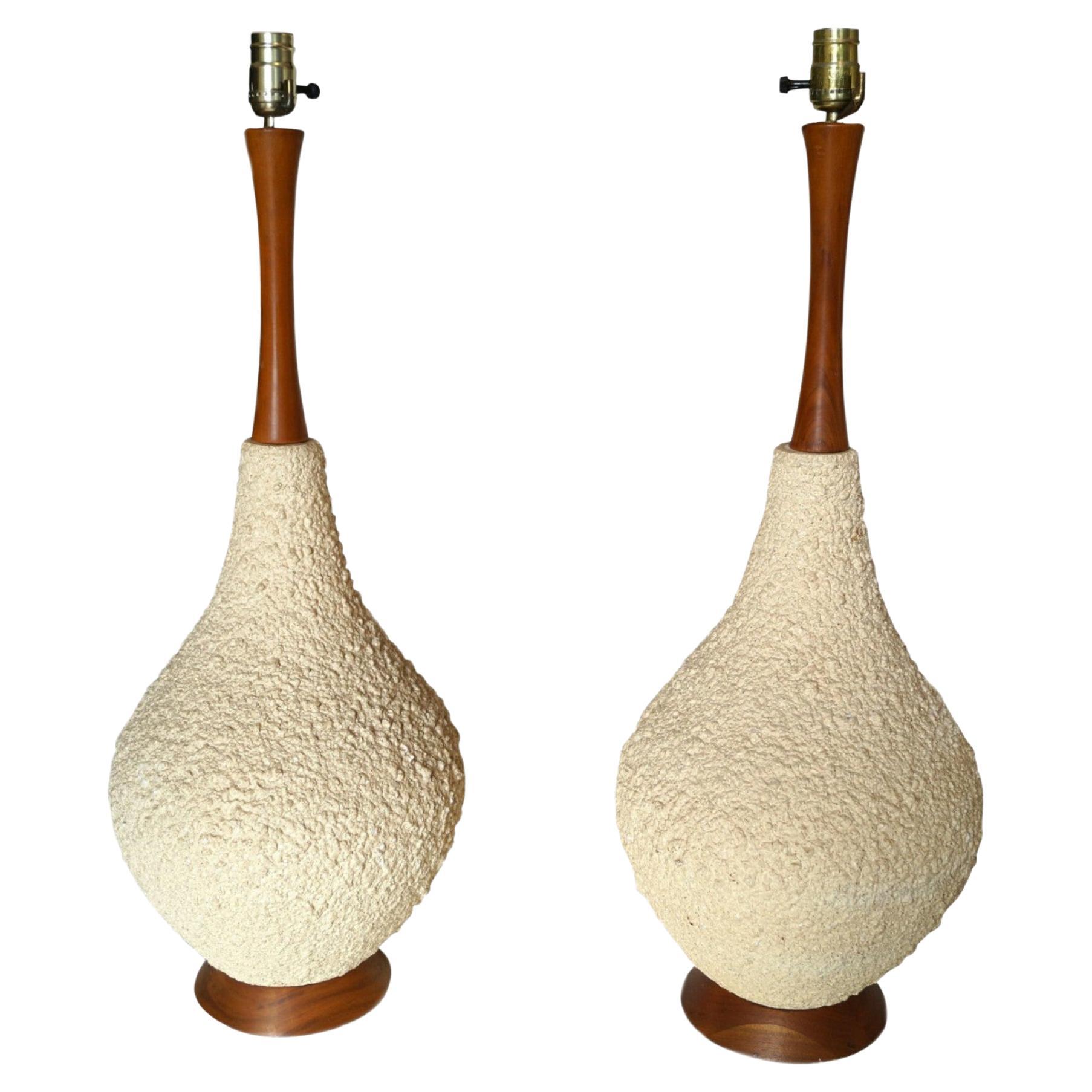 Pair of Mid-Century Modern Large Popcorn Teak Table Lamps