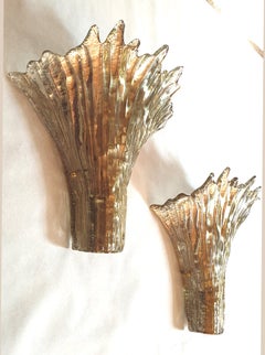 Pair of Mid-Century Modern Leaf Gold Murano Glass Sconces Attributed to Barovier