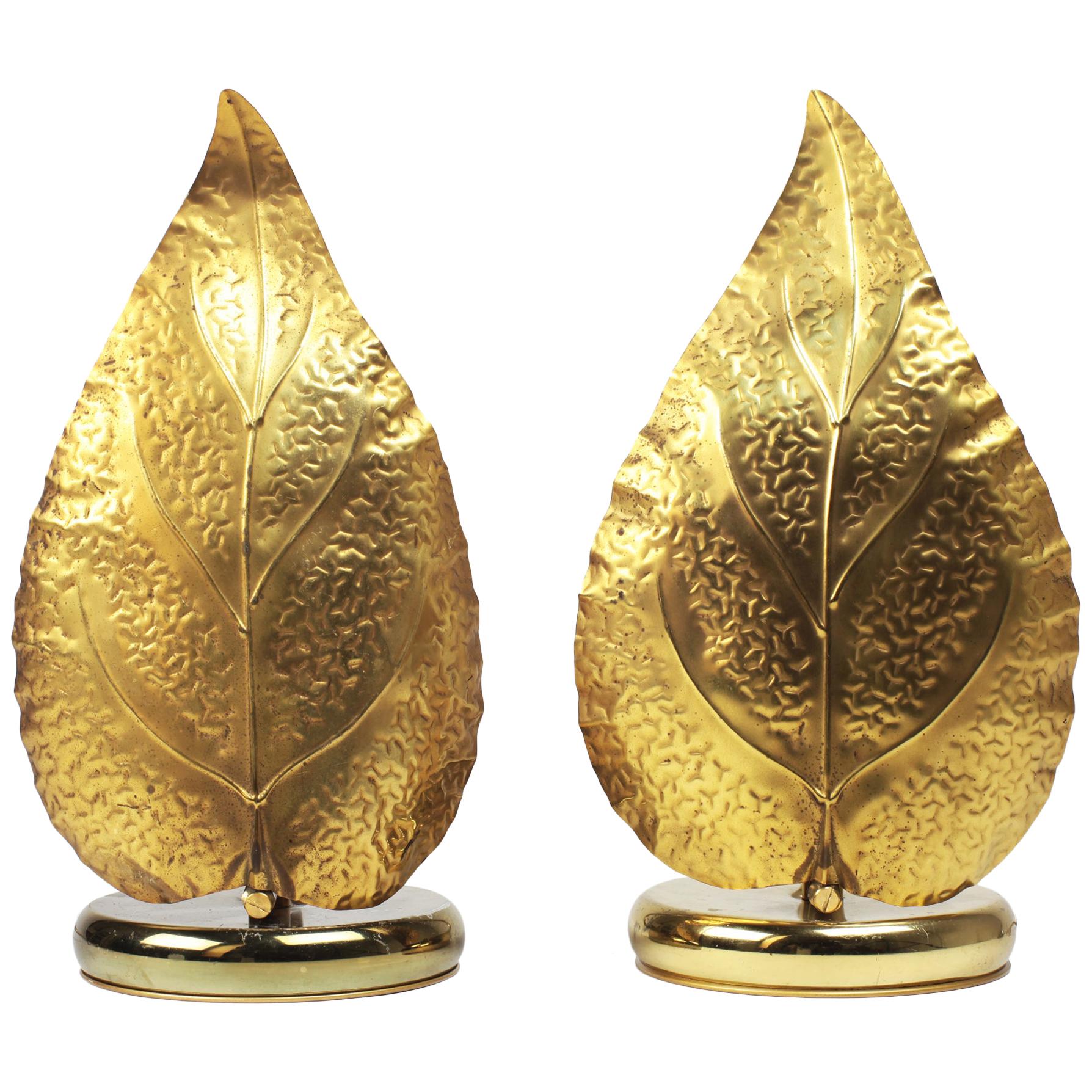 Pair of Mid-Century Modern Leaf-shaped Brass Table Lamps, Italy, 1970s