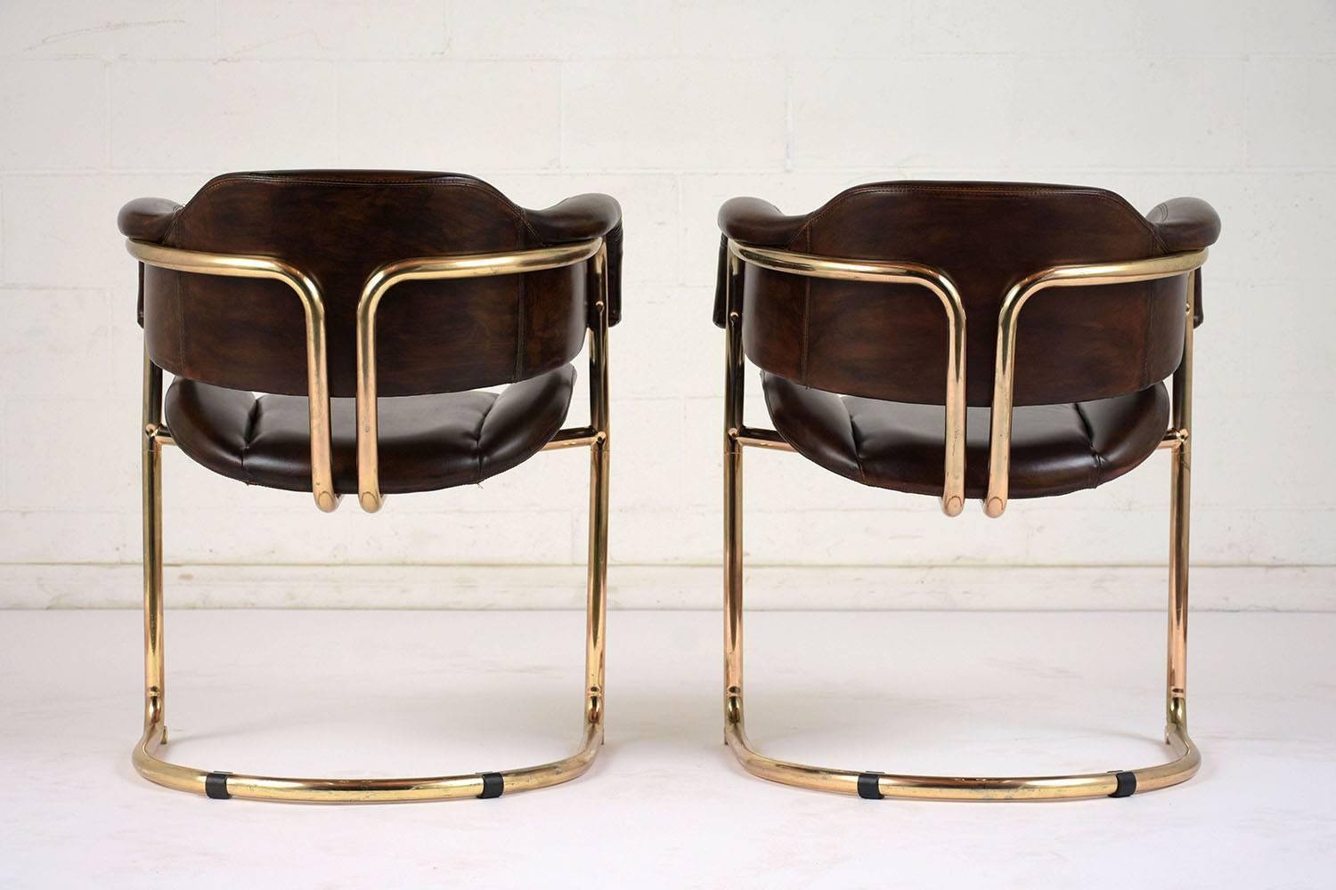 Brass Pair of Mid-Century Modern Leather and Chrome Armchairs