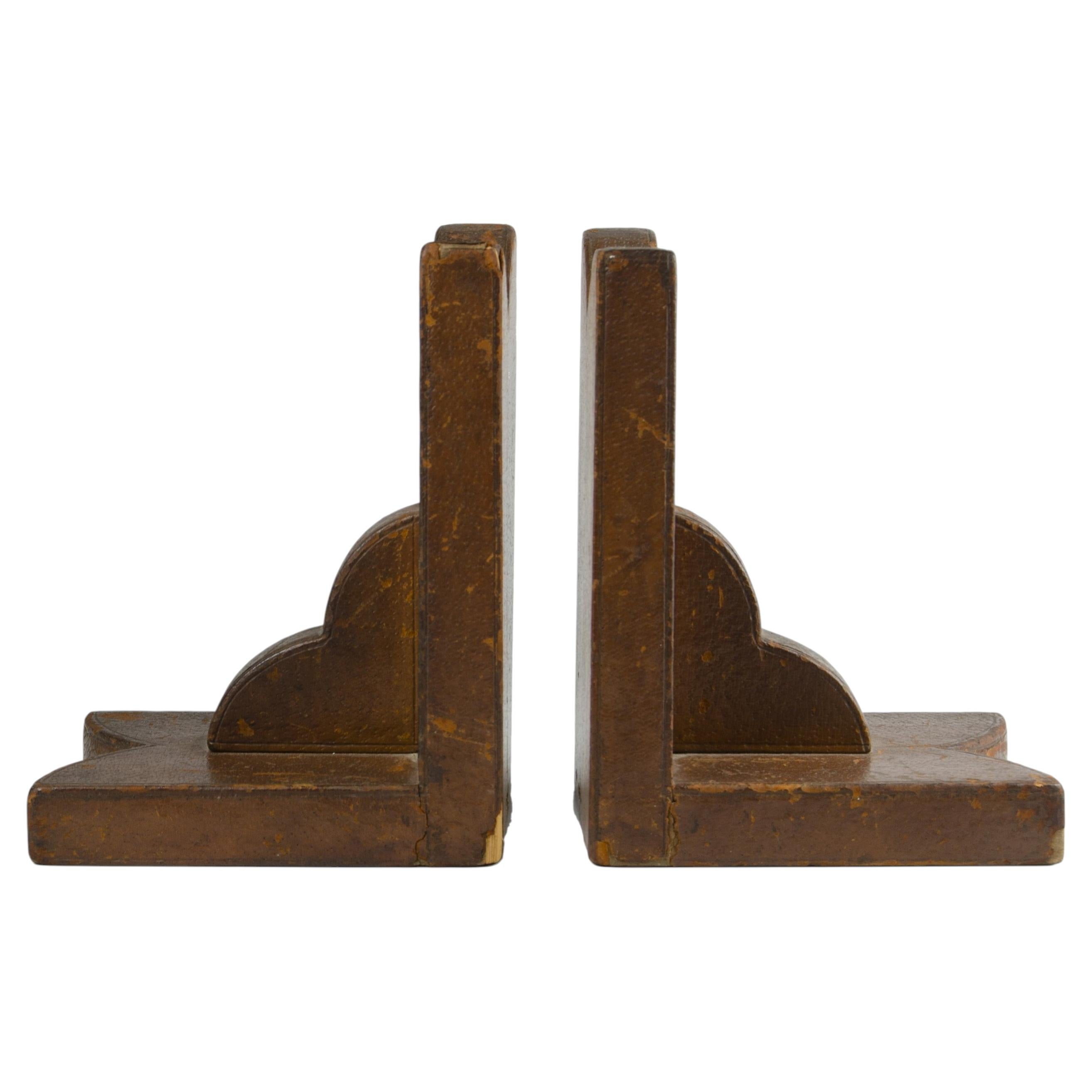 Pair of Mid-Century Modern Leather-Covered Wood Bookends by the Hermès, France