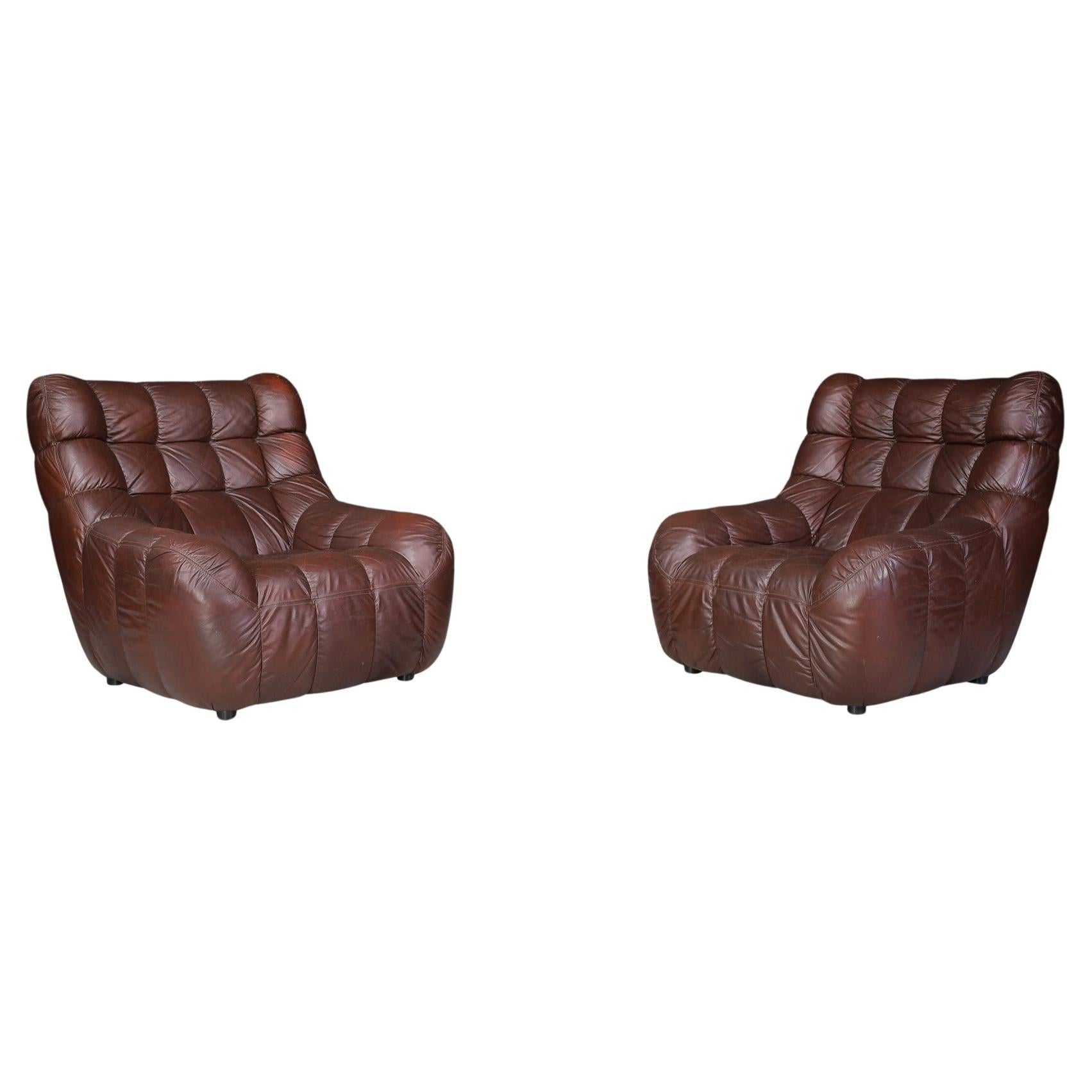 Pair of Mid-Century Modern Leather Lounge Chairs, France, 1970s