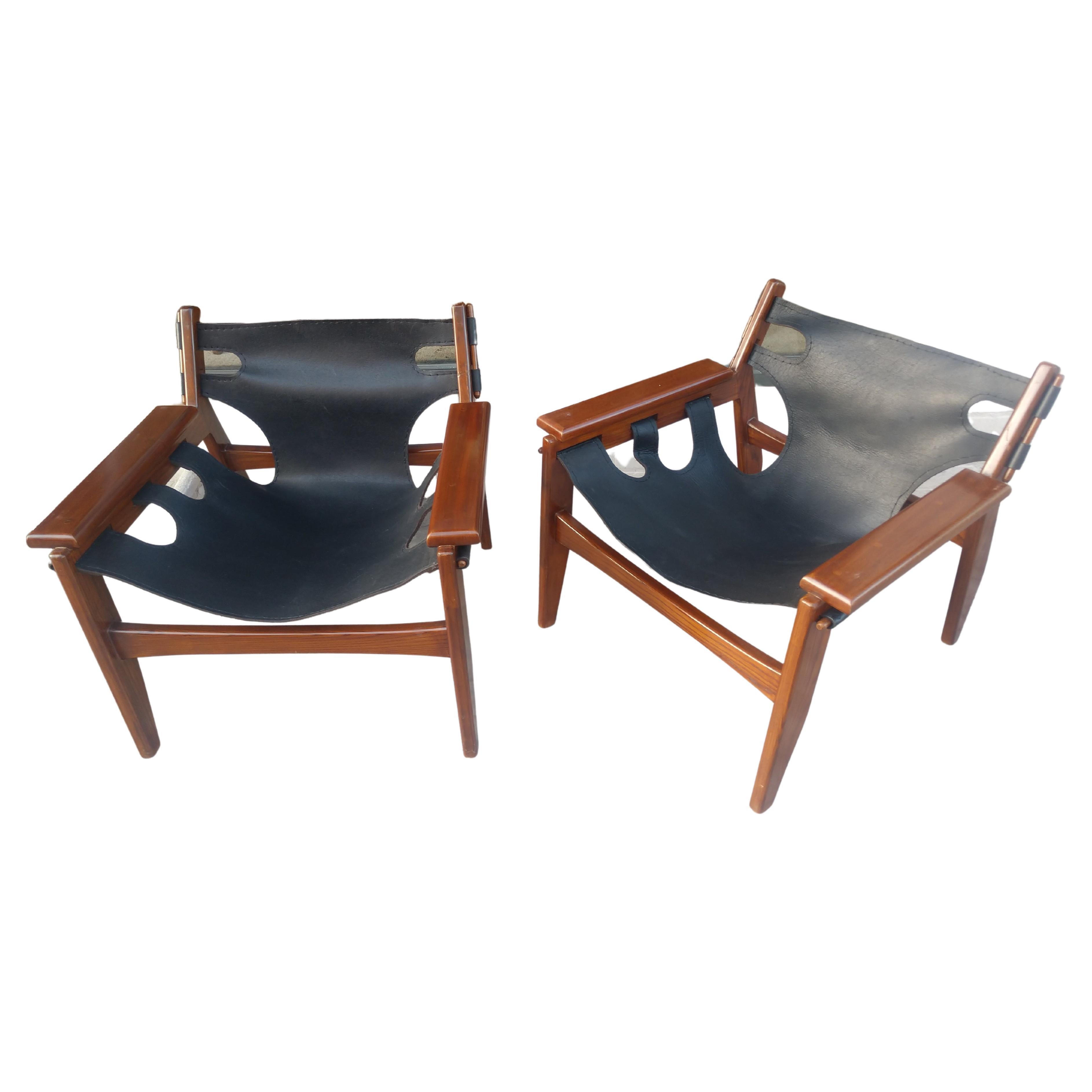 Pair of Mid-Century Modern Leather & Mahogany Sergio Rodrigues Lounge Chairs