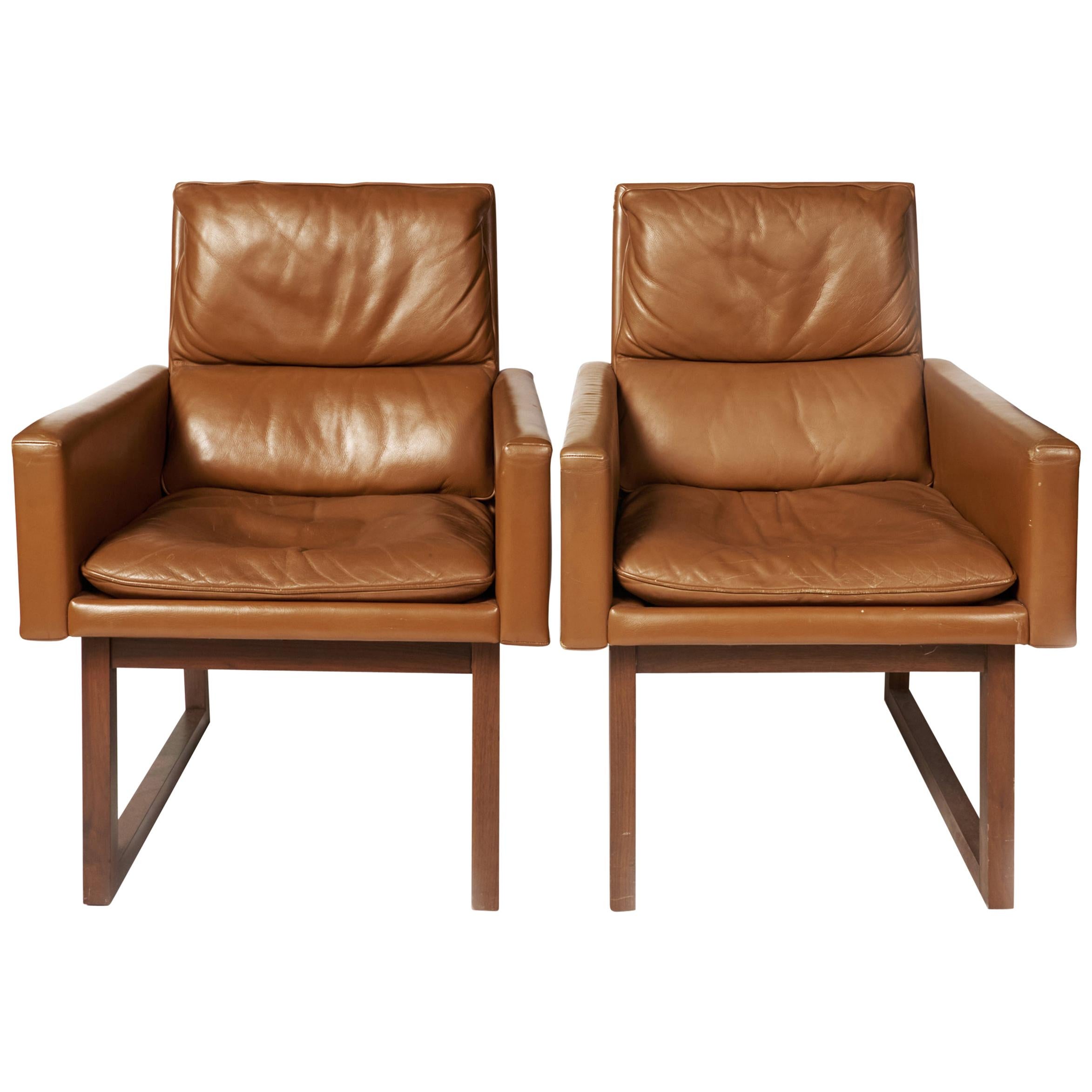 Pair of Mid-Century Modern Leather Upholstered Armchairs by Harvey Probber