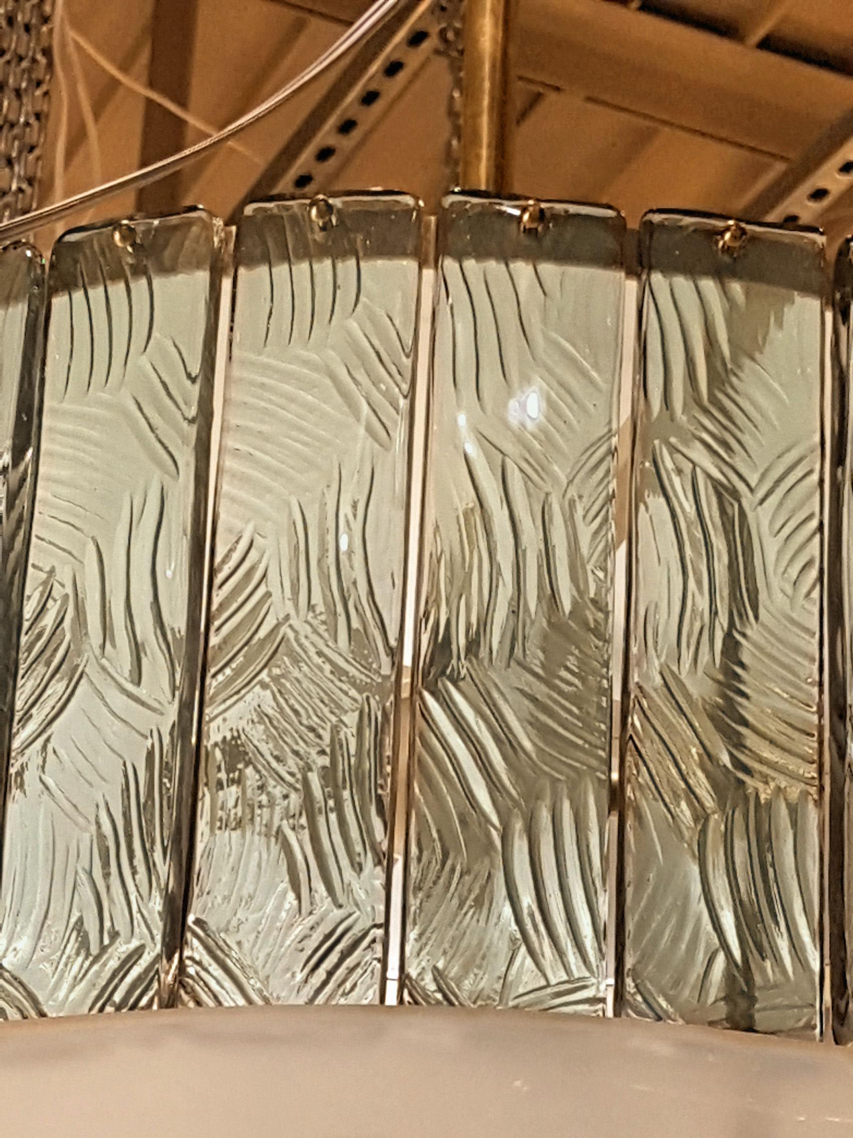 Italian 2 Mid-Century Modern Light Green Glass & Brass Drum Chandeliers Gio Ponti Style