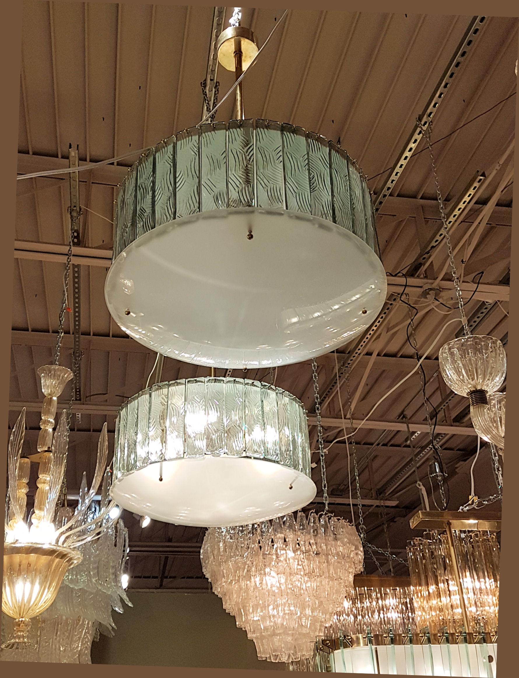 Late 20th Century 2 Mid-Century Modern Light Green Glass & Brass Drum Chandeliers Gio Ponti Style