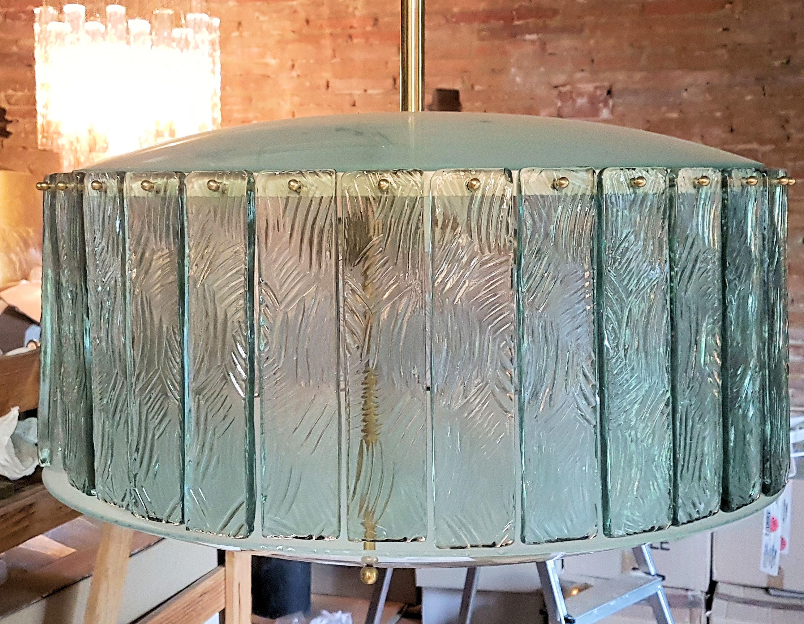 2 Mid-Century Modern Light Green Glass & Brass Drum Chandeliers Gio Ponti Style 3