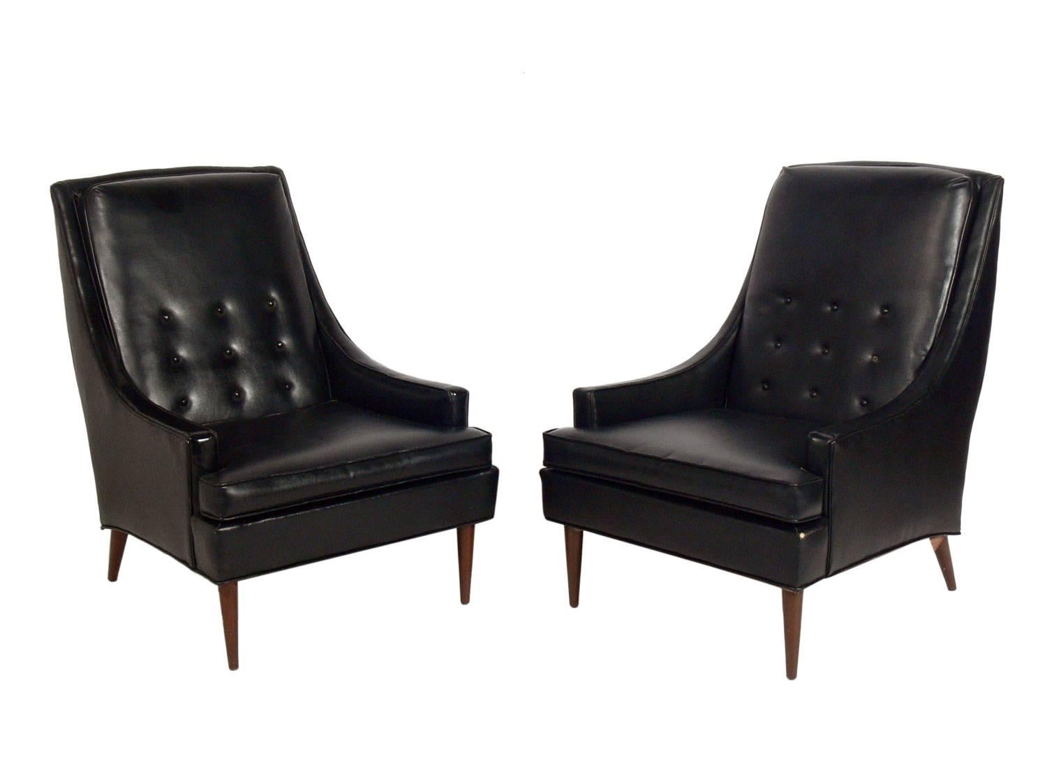 Pair of Mid-Century Modern lounge chairs and ottoman, attributed to Milo Baughman for James Furniture, unsigned, American, circa 1960s. These pieces are currently being refinished and reupholstered, and can be completed in your choice of finish