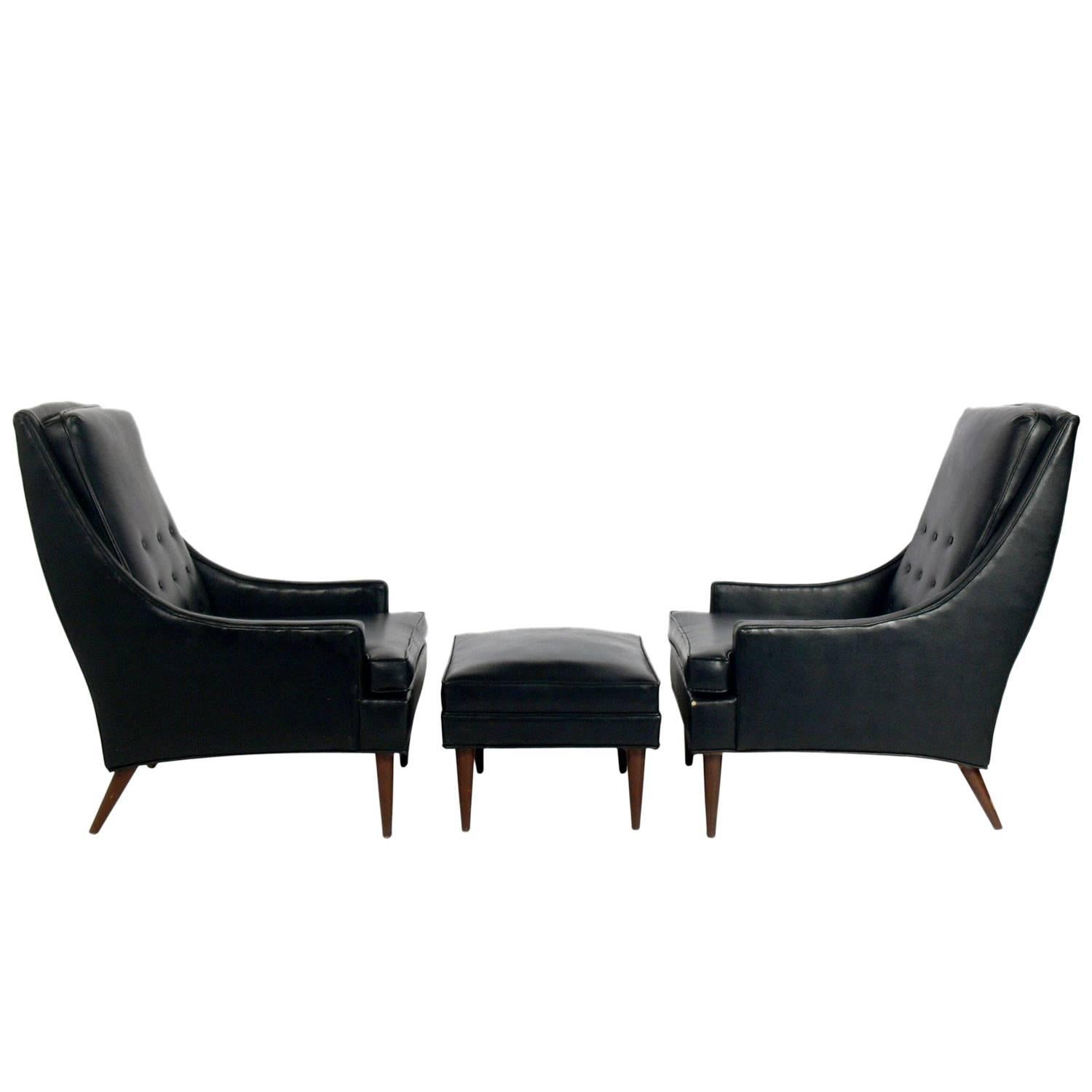 Pair of Mid-Century Modern Lounge Chairs and Ottoman Attributed to Milo Baughman