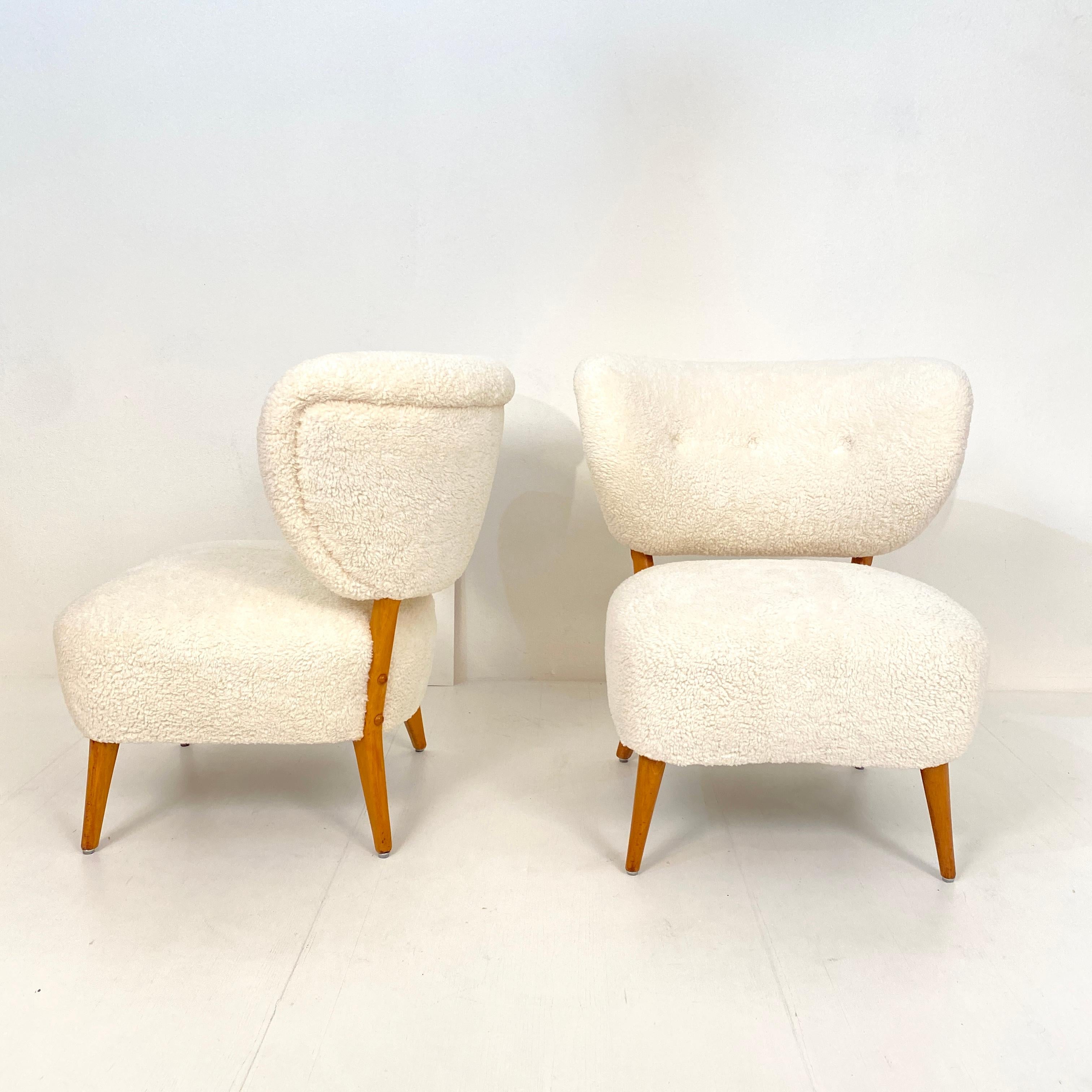 Swedish Pair of Boucle Mid-Century Lounge Chairs by Otto Schultz in Teddy Fur, 1950s