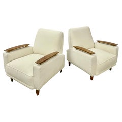 Pair of Mid-Century Modern Lounge Chairs, Floating Arms, Bronze Sabots, Bouclé