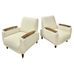 Pair of Mid-Century Modern Lounge Chairs, Floating Arms, Bronze Sabots, Bouclé