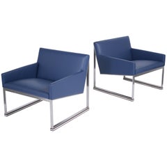 Blue Leather Mid-Century Lounge Chairs