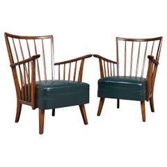 Pair of Mid-Century Modern Lounge Chairs in Cherry Wood and Leather, 1950s