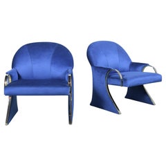 Pair of Mid-Century Modern Lounge Chairs in Dark Blue Velvet with Chrome Details