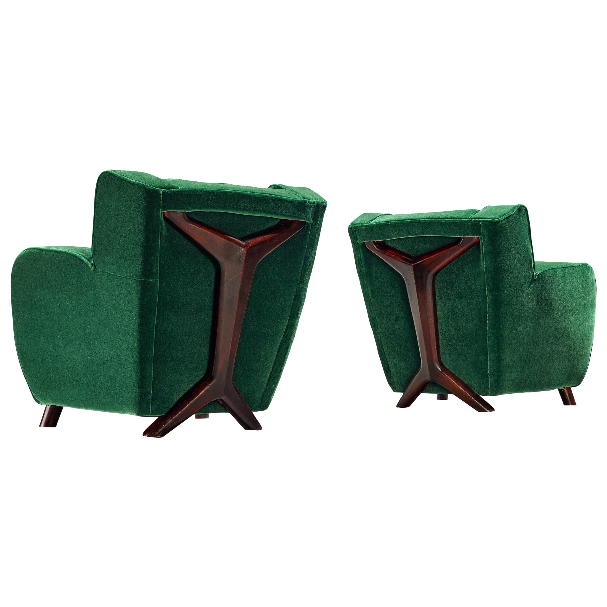 Pair of Mid-Century Modern Lounge Chairs in Forest Green Mohair by Pierre Frey