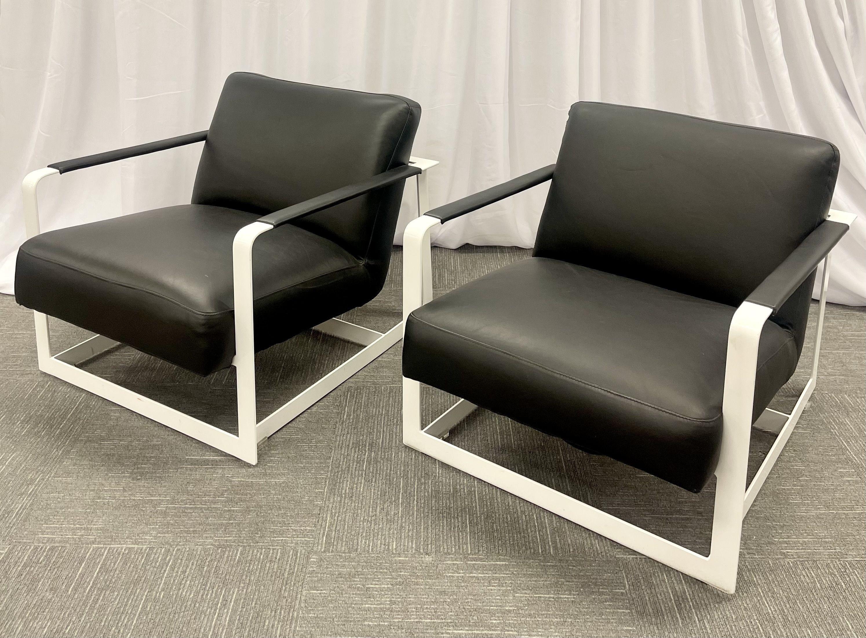 Pair of Mid-Century Modern Lounge Chairs, Leather, Steel Base, American, 1980s In Good Condition For Sale In Stamford, CT