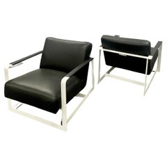 Pair of Mid-Century Modern Lounge Chairs, Leather, Steel Base, American, 1980s
