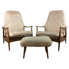 Vintage Pair of Mid Century Modern Lounge Chairs with Ottoman