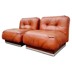 Pair of Mid Century Modern Lounge Leather Sofas, Italian Design, Italy 70s