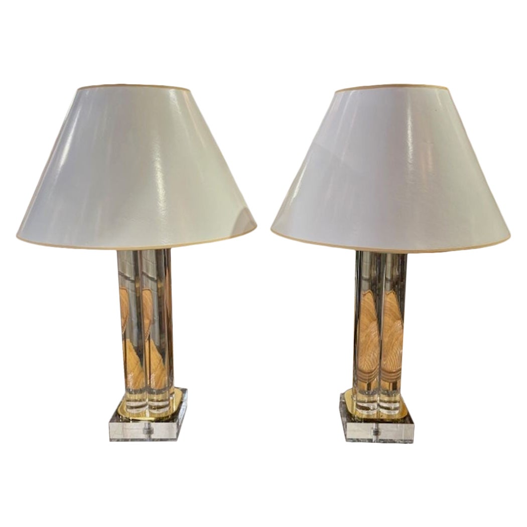 Paar moderne Lampen aus Lucit und Messing aus der Mitte des Jahrhunderts
