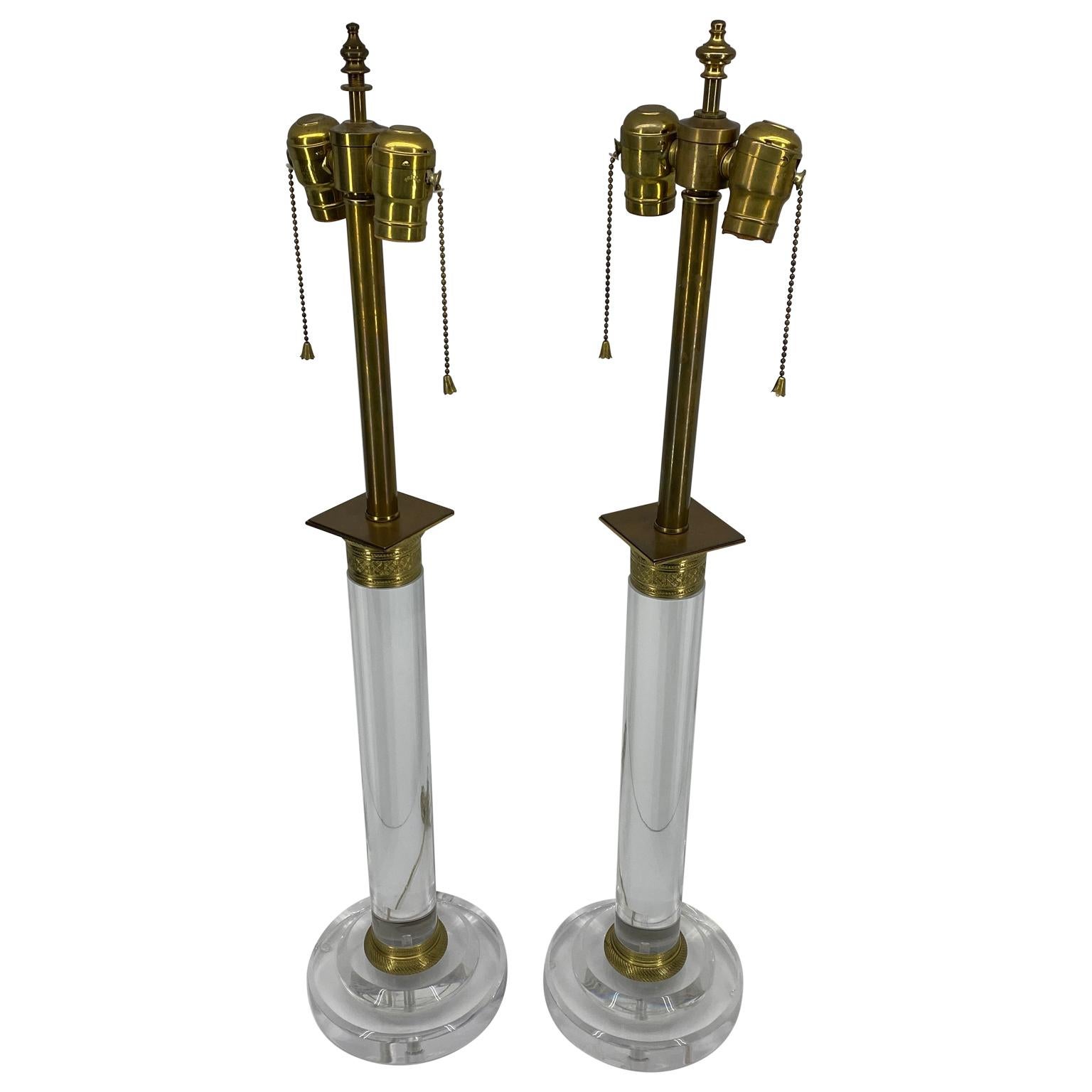 American Pair of Mid-Century Modern Lucite and Bronze Table Lamps For Sale